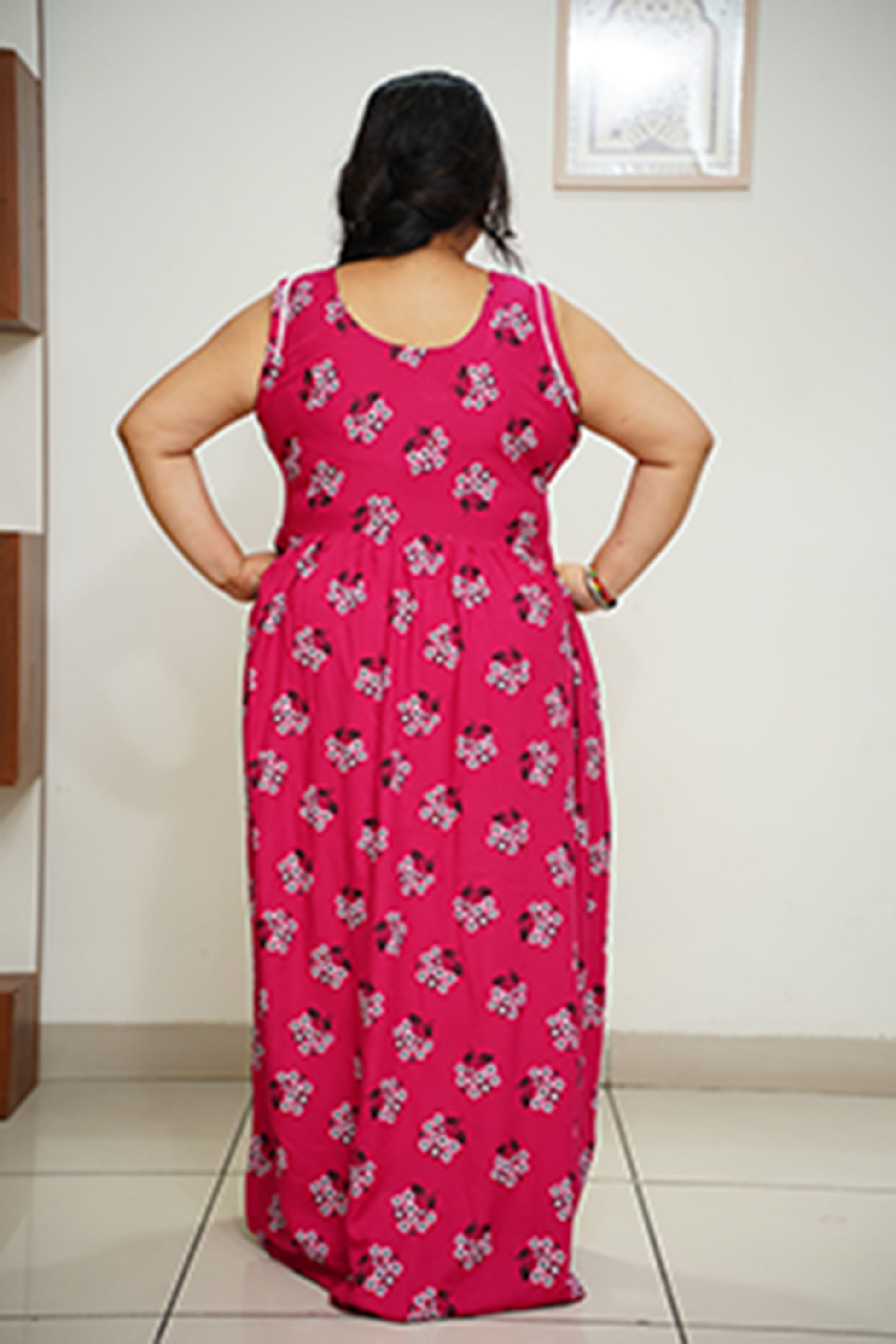 Women Plus Size Magenta Floral Rayon Night Gown 