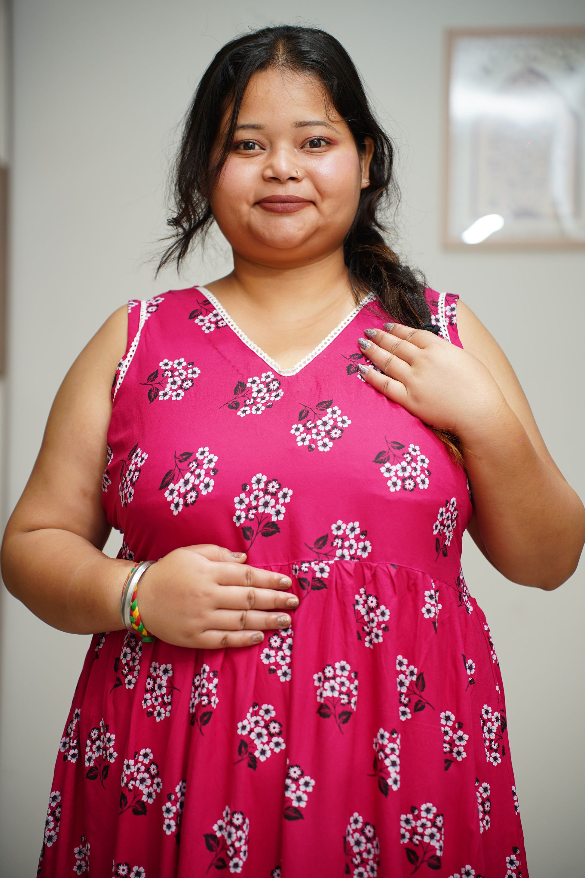 Women Plus Size Magenta Floral Rayon Night Gown 