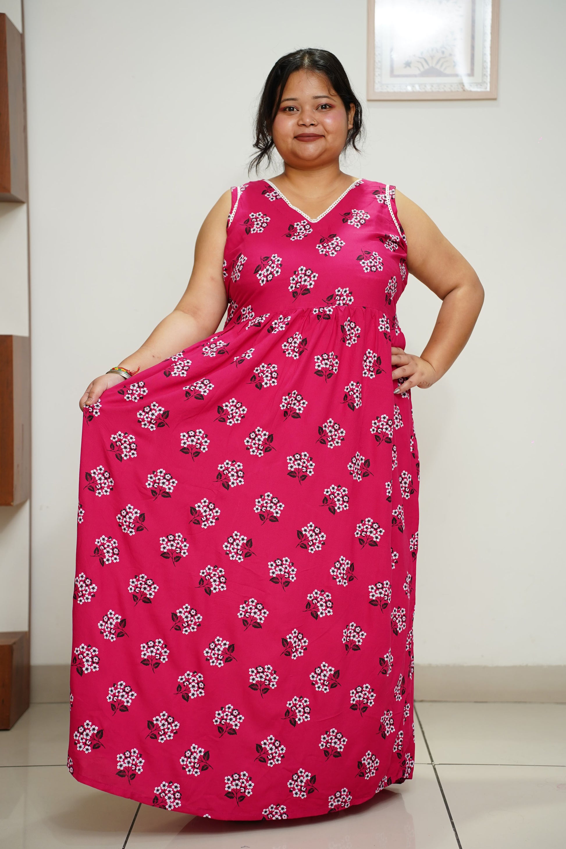 Plus Size Magenta Floral Rayon Night Gown- The Plus Size Co