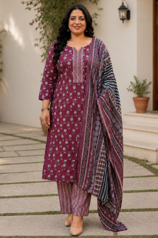Maroon Floral Printed Cotton Suit Set