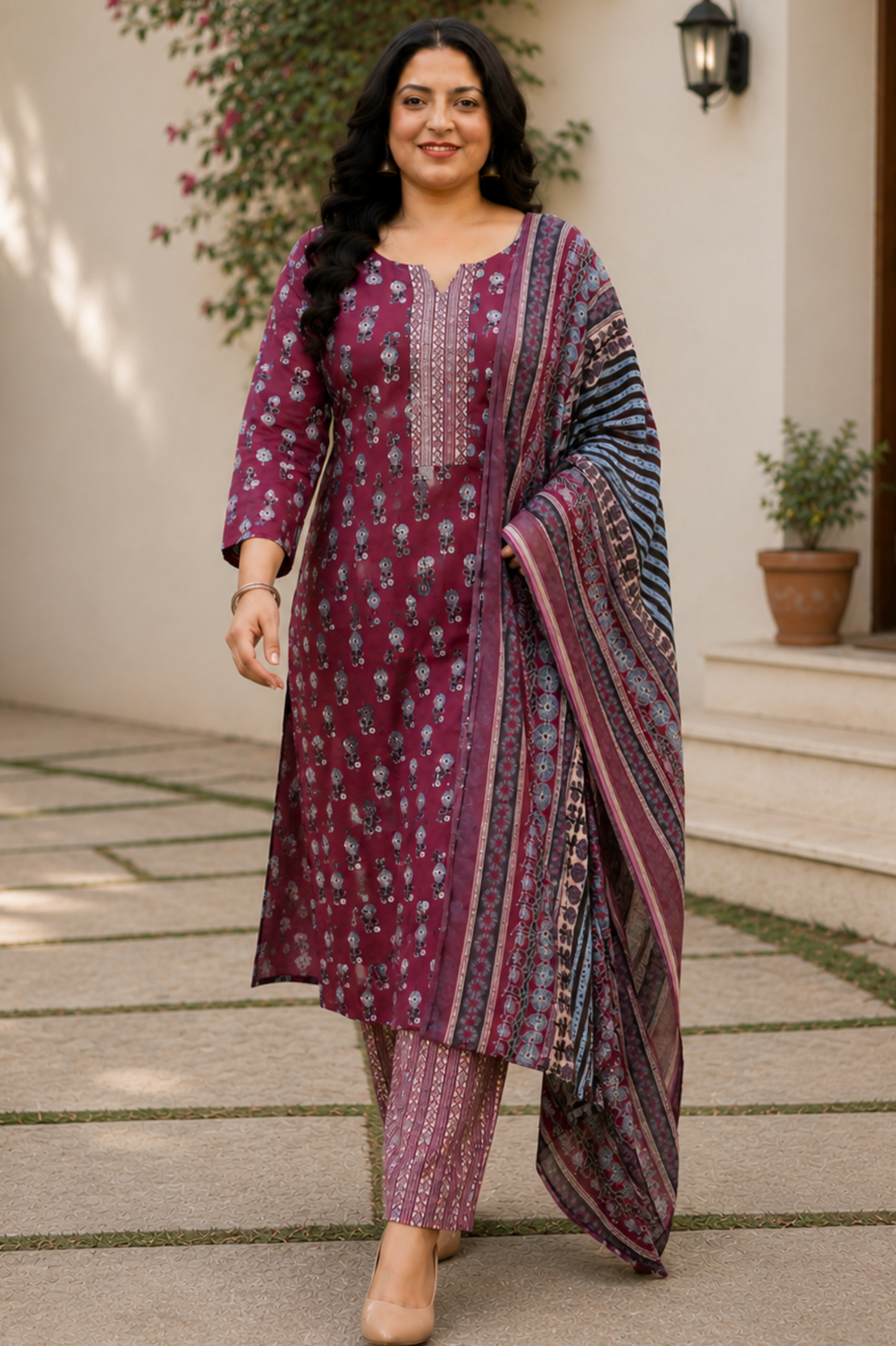 Maroon Floral Printed Cotton Suit Set