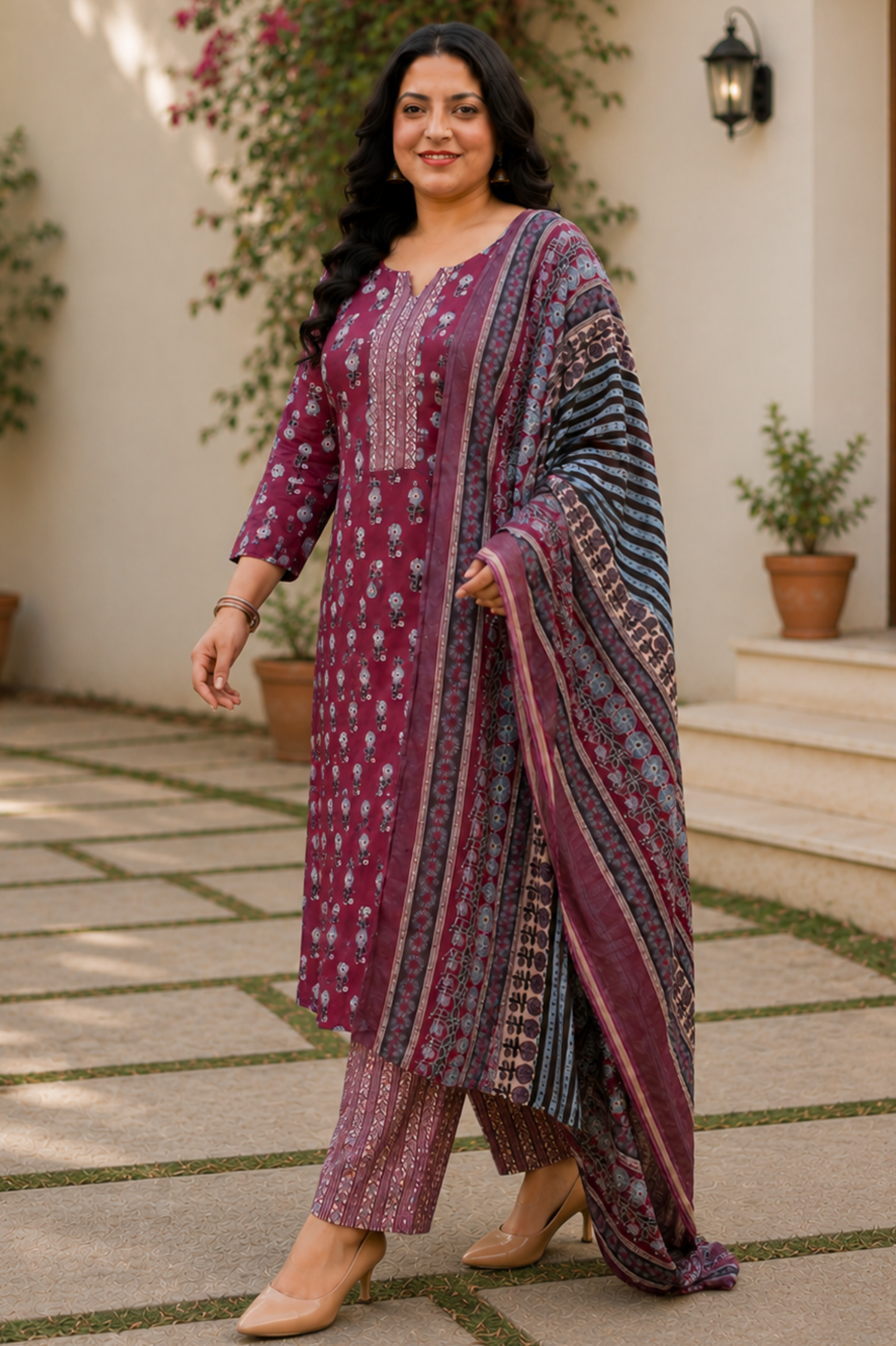 Maroon Floral Printed Cotton Suit Set