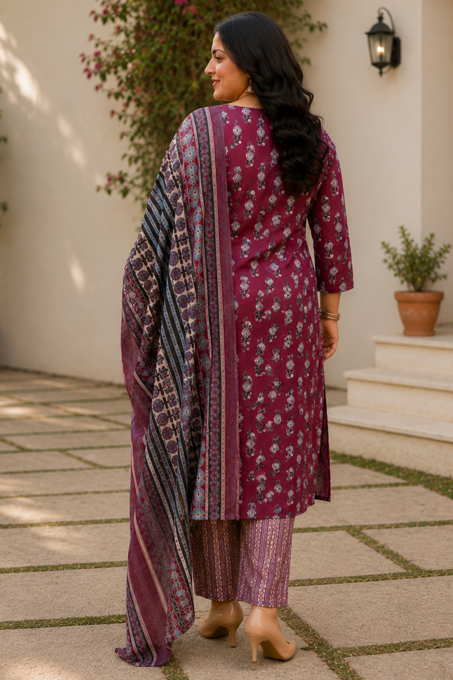 Maroon Floral Printed Cotton Suit Set