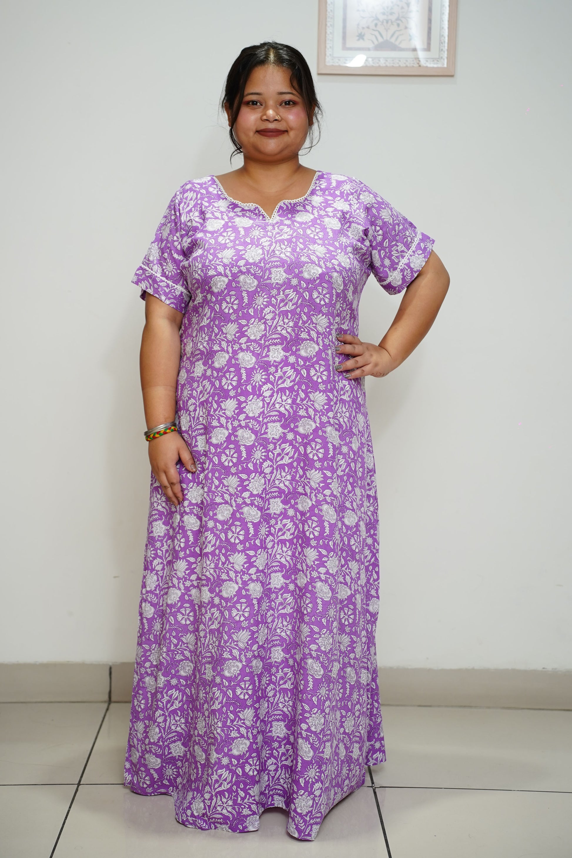 Women Plus Size Mauve Printed Rayon Night Gown