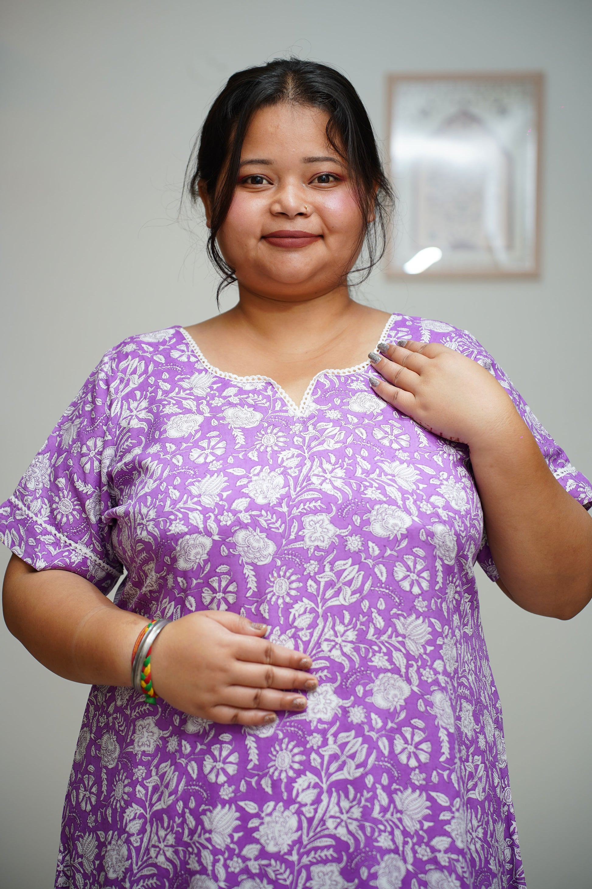 Women Plus Size Mauve Printed Rayon Night Gown