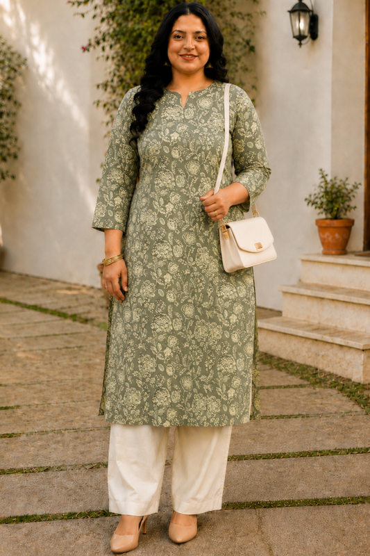 Mehendi Green Cotton Floral Print Kurta