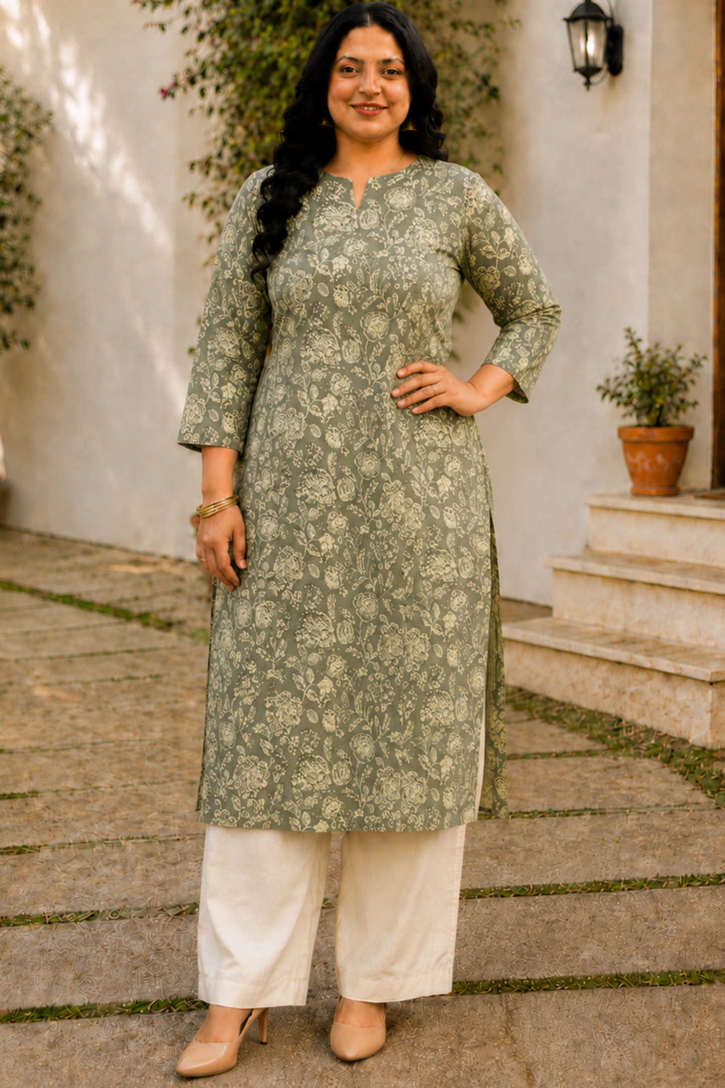Mehendi Green Cotton Floral Print Kurta