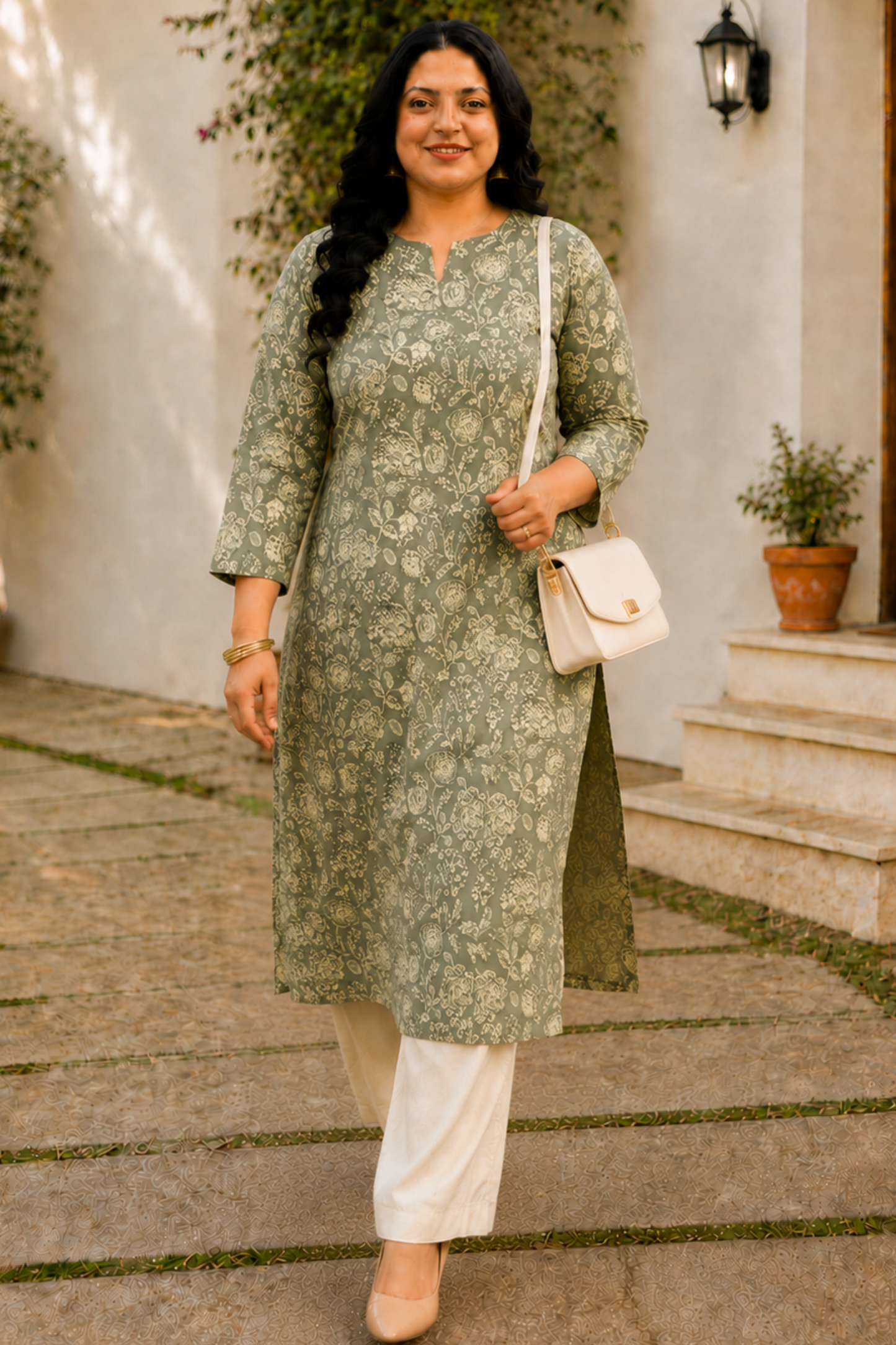 Mehendi Green Cotton Floral Print Kurta