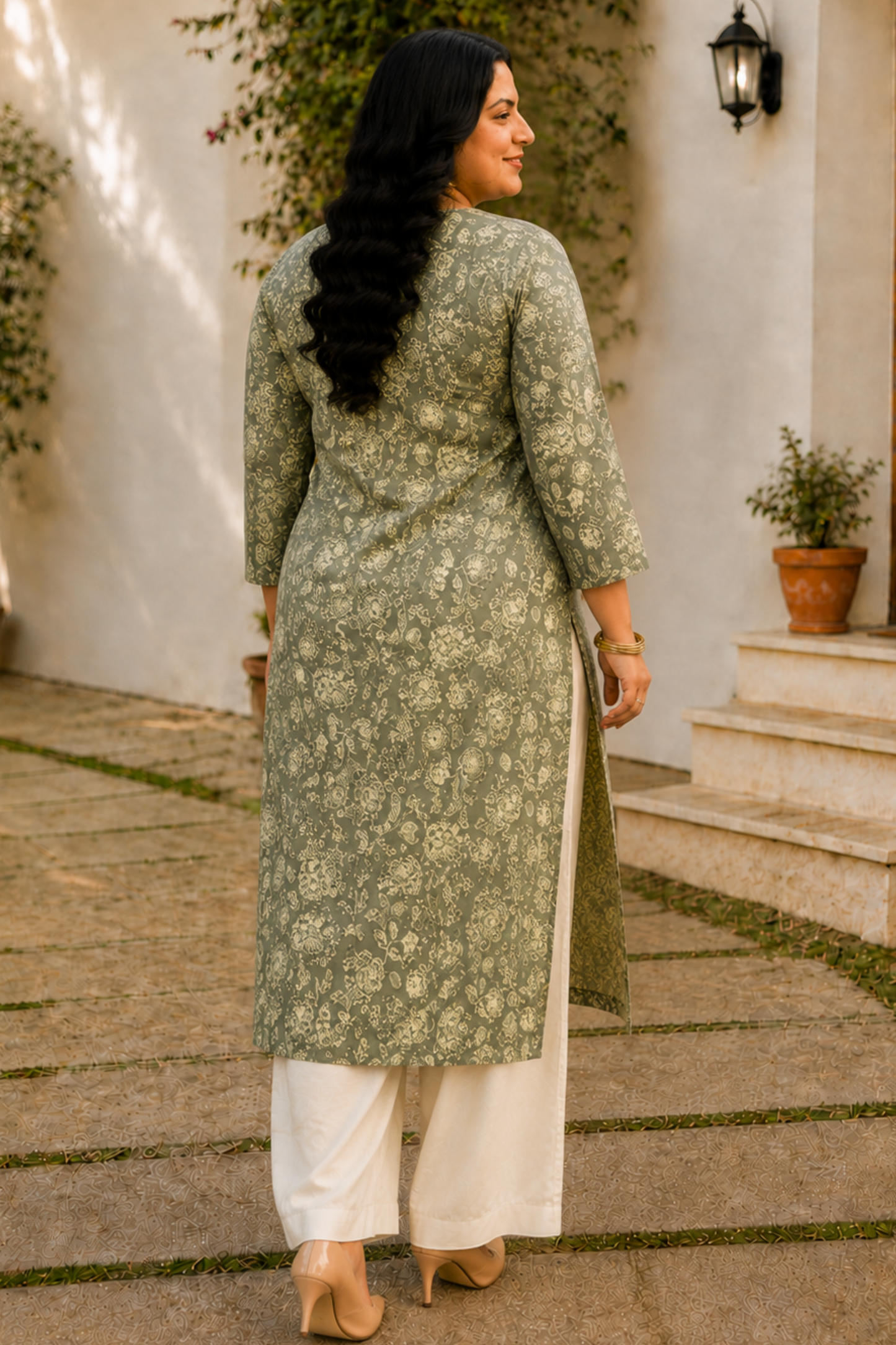 Mehendi Green Cotton Floral Print Kurta