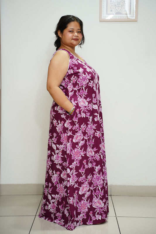 Women Plus Size Mulberry Wine Floral Night Gown