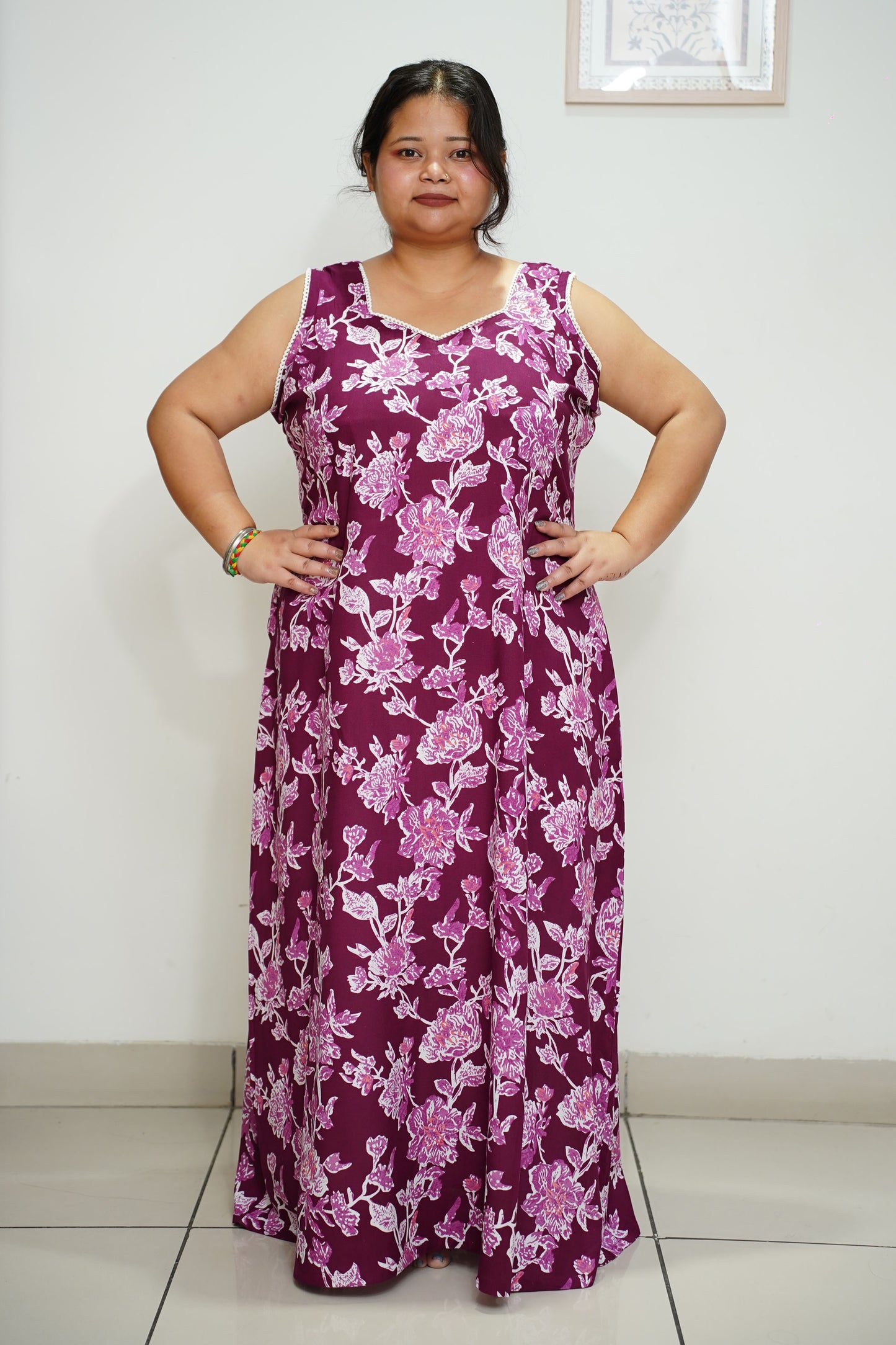 Women Plus Size Mulberry Wine Floral Night Gown