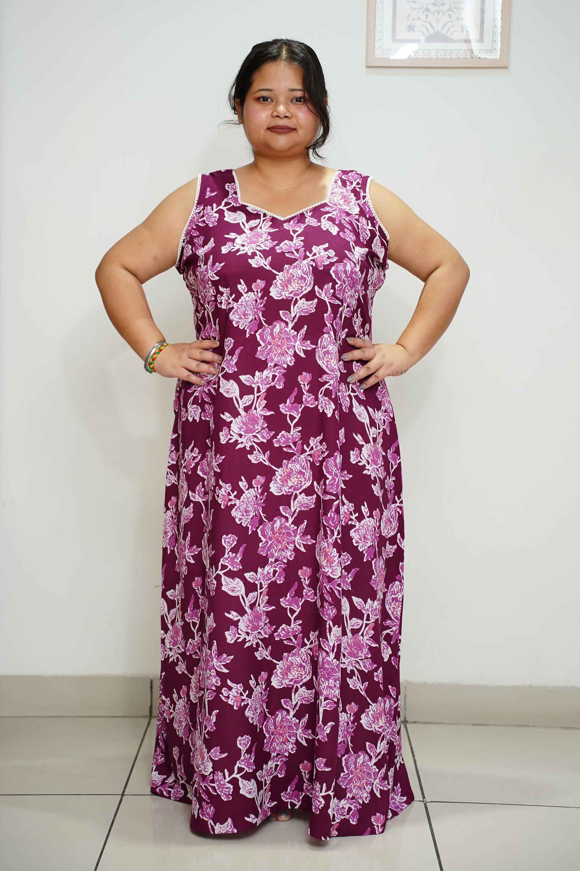 Women Plus Size Mulberry Wine Floral Night Gown