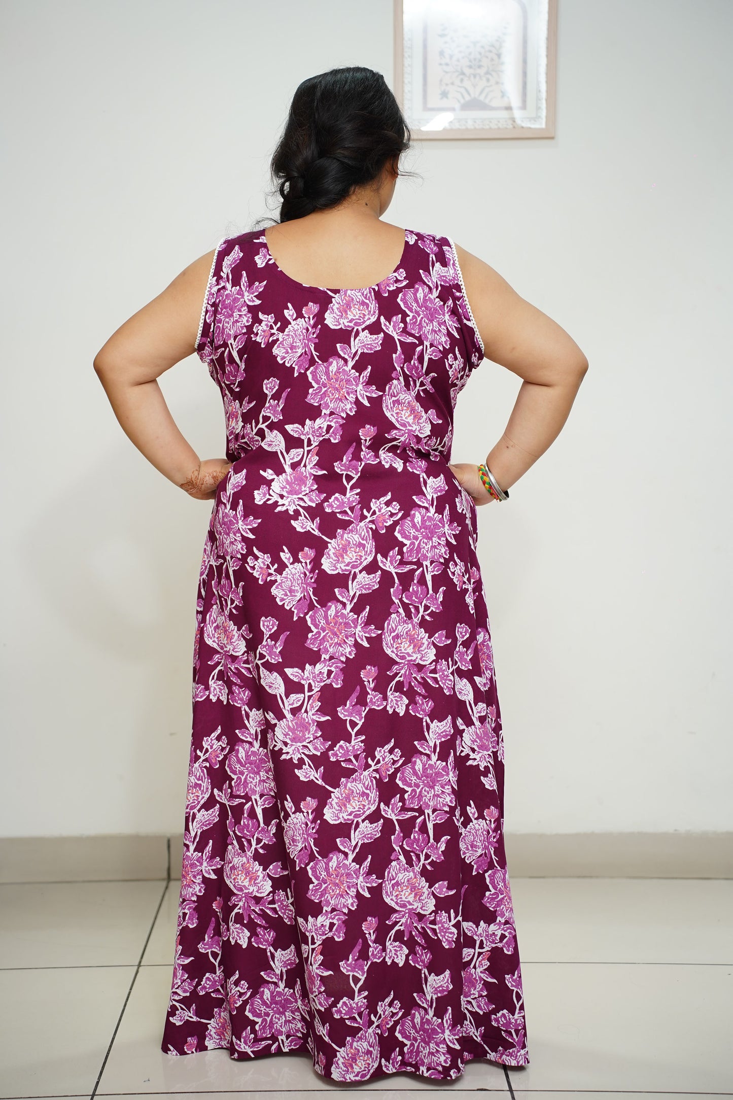 Women Plus Size Mulberry Wine Floral Night Gown