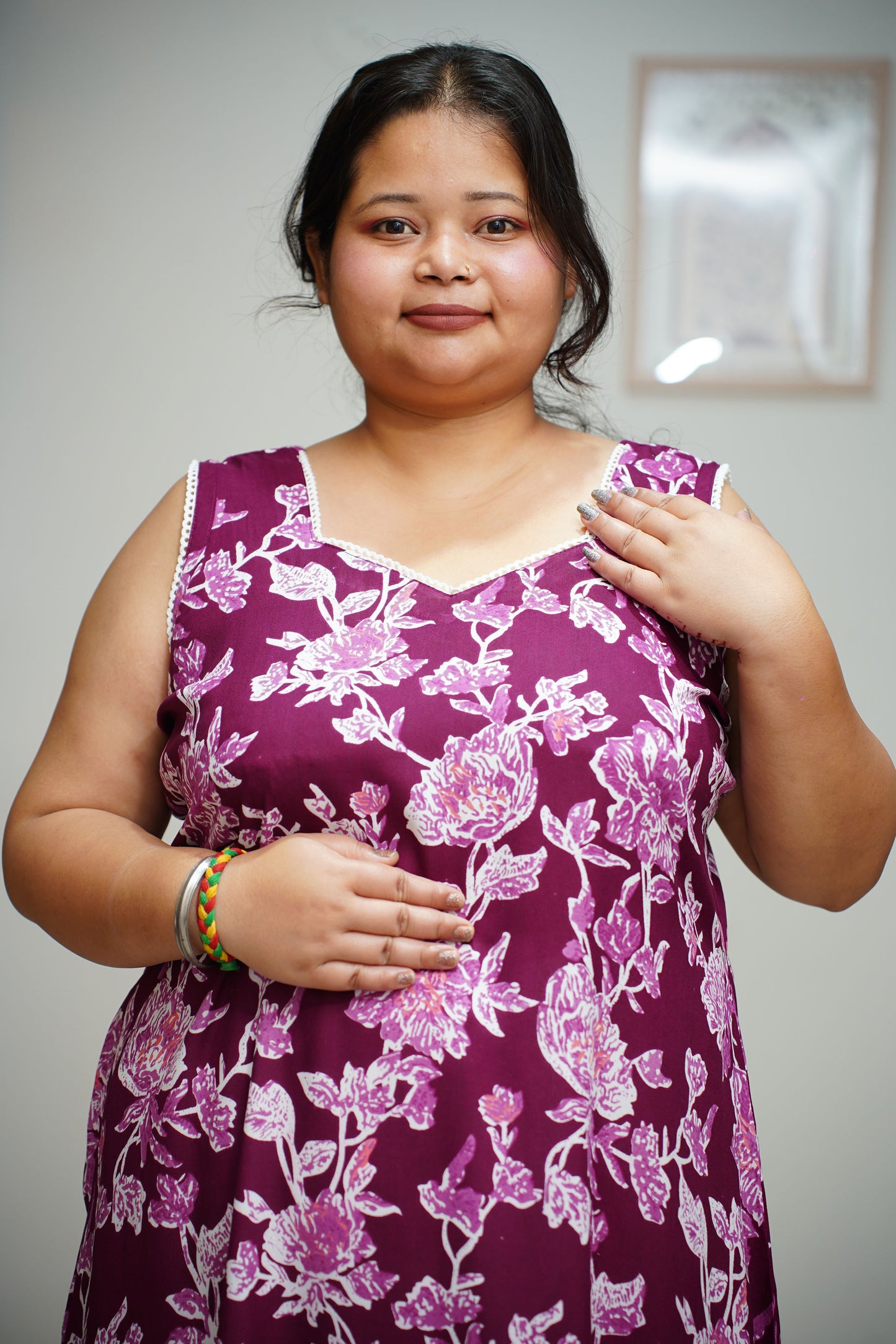 Women Plus Size Mulberry Wine Floral Night Gown