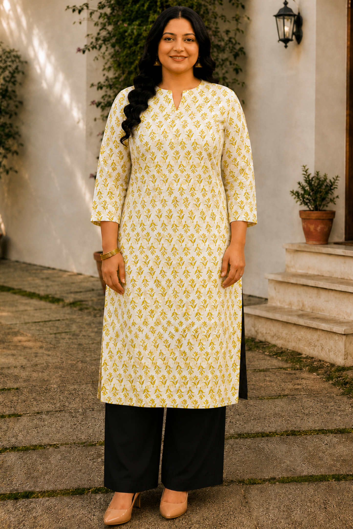 Mustard Floral Print Kurta