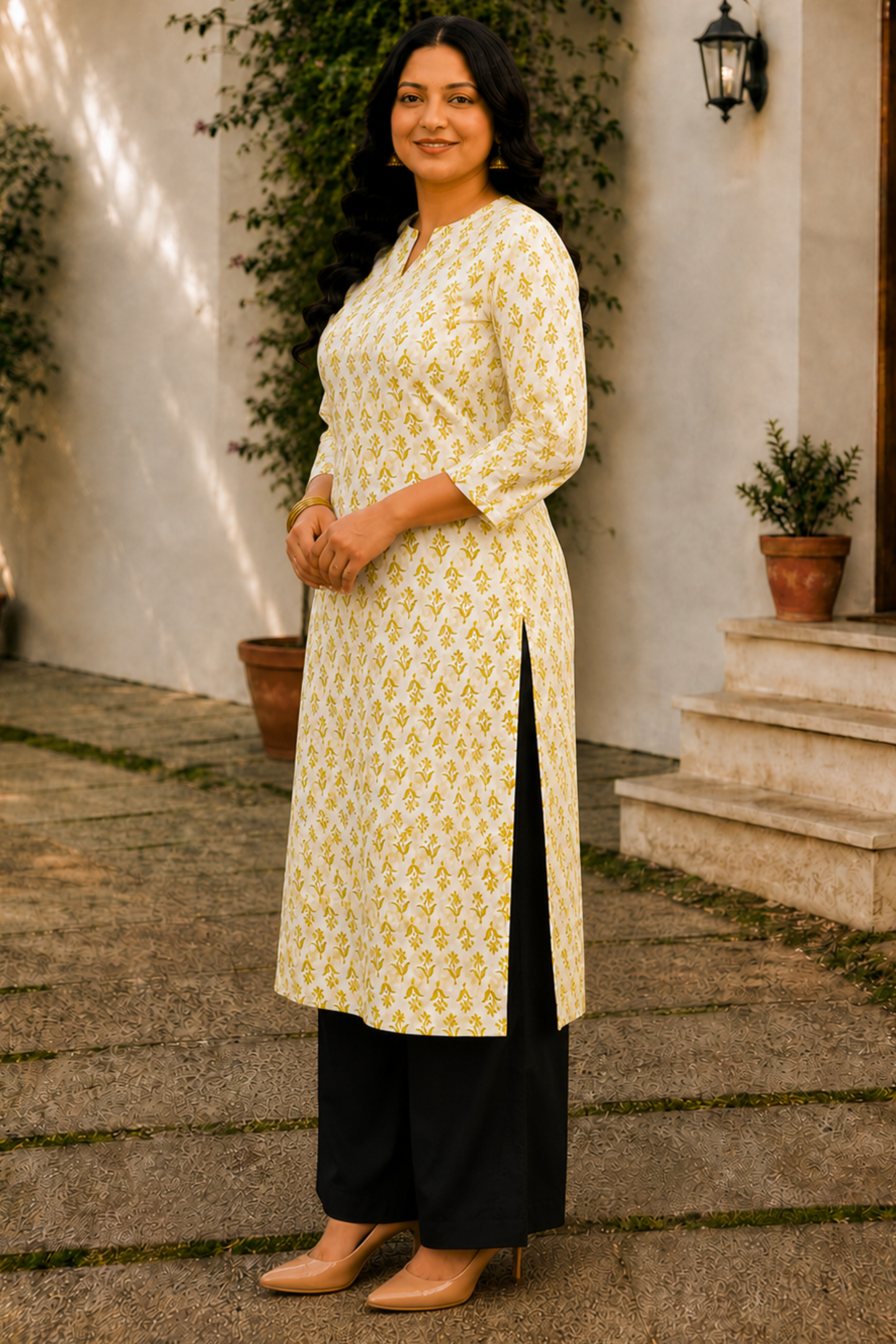 Mustard Floral Print Kurta
