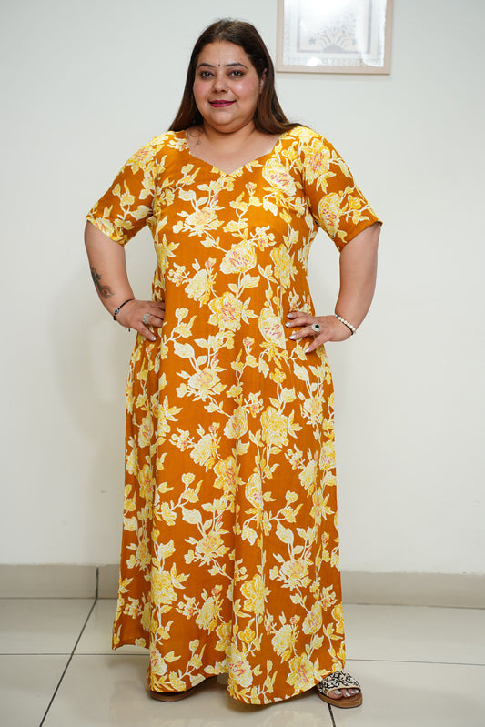 Women Plus Size Mustard Floral Rayon Night Gown