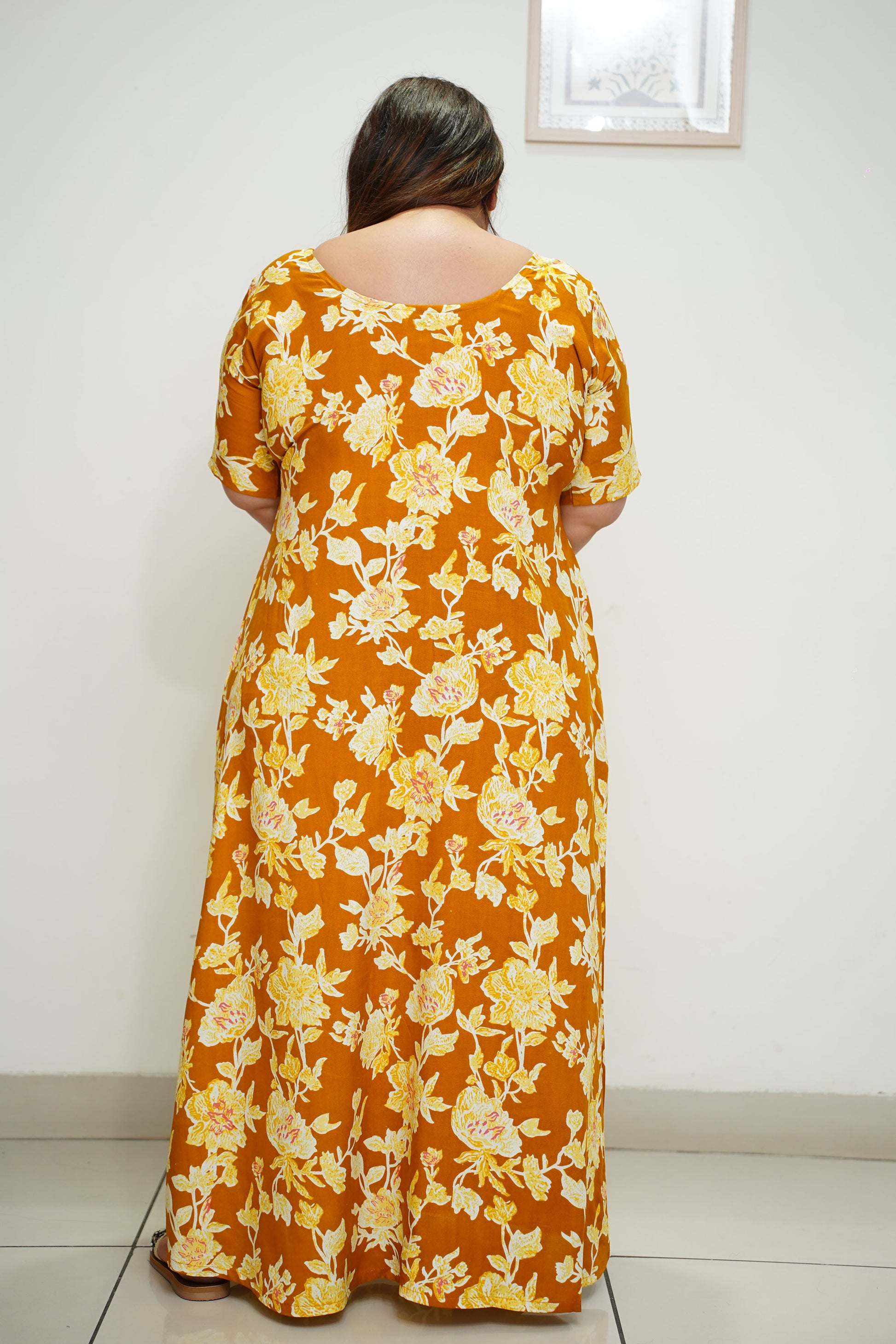 Women Plus Size Mustard Floral Rayon Night Gown