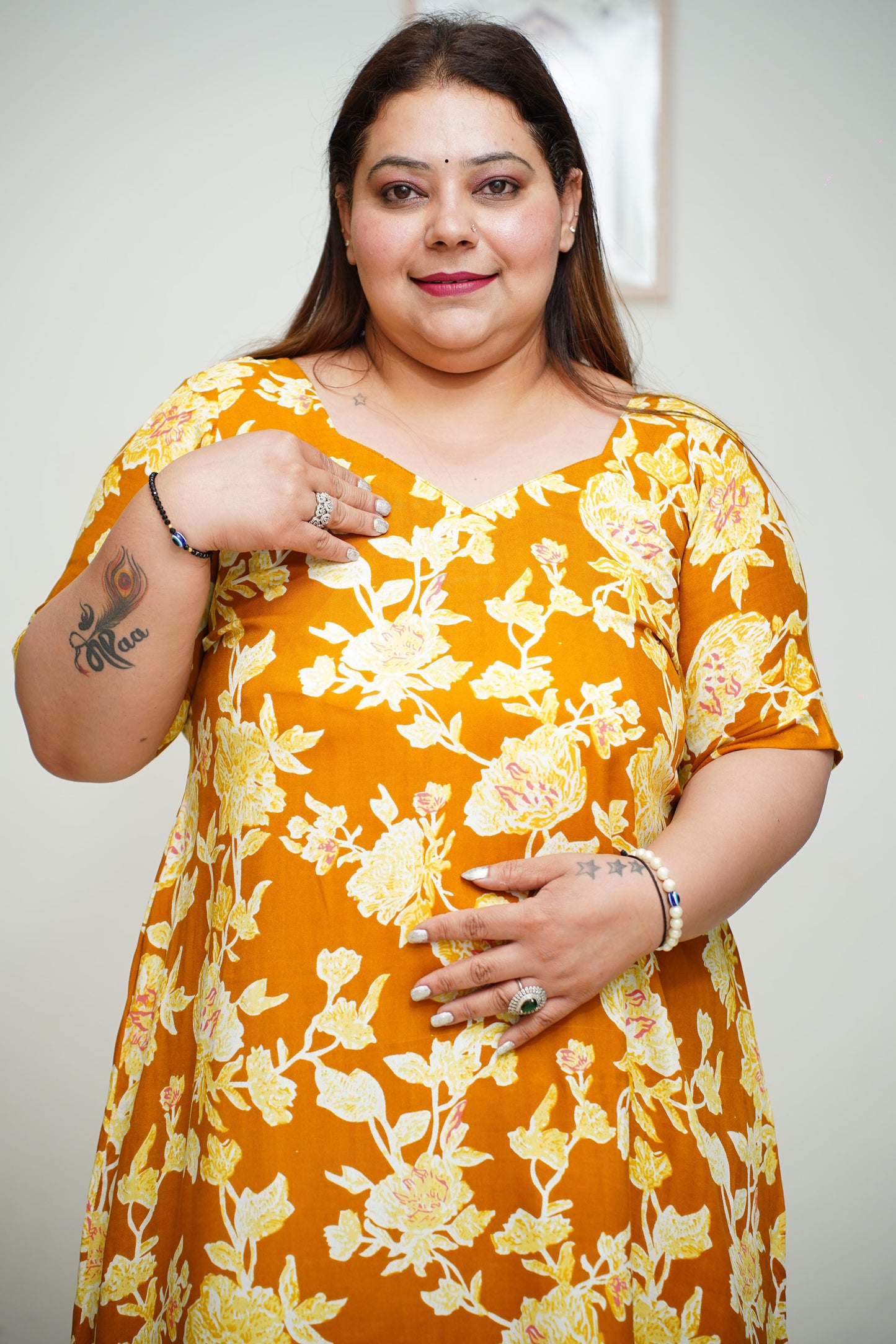 Women Plus Size Mustard Floral Rayon Night Gown