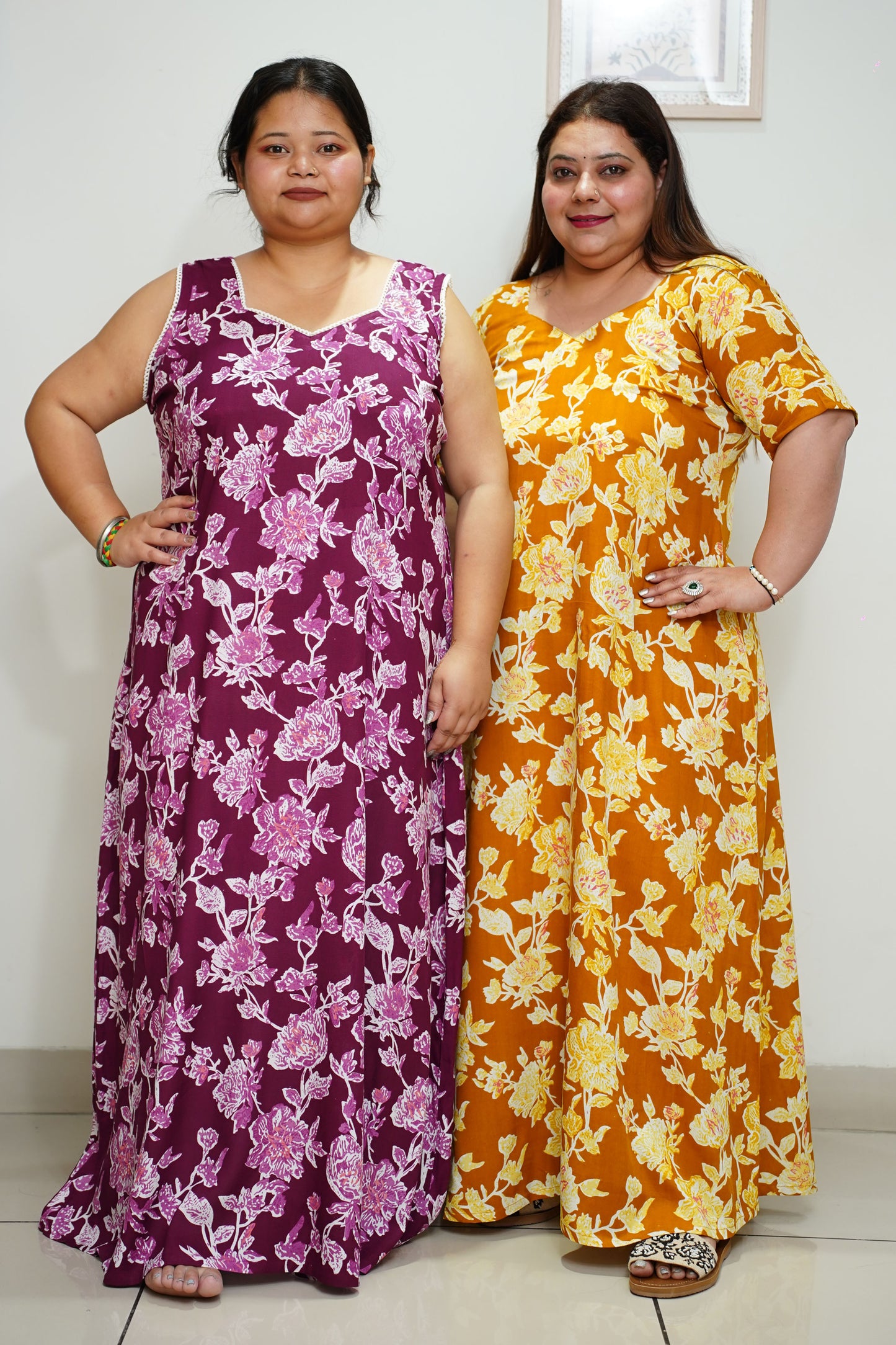 Women Plus Size Mustard Floral Rayon Night Gown