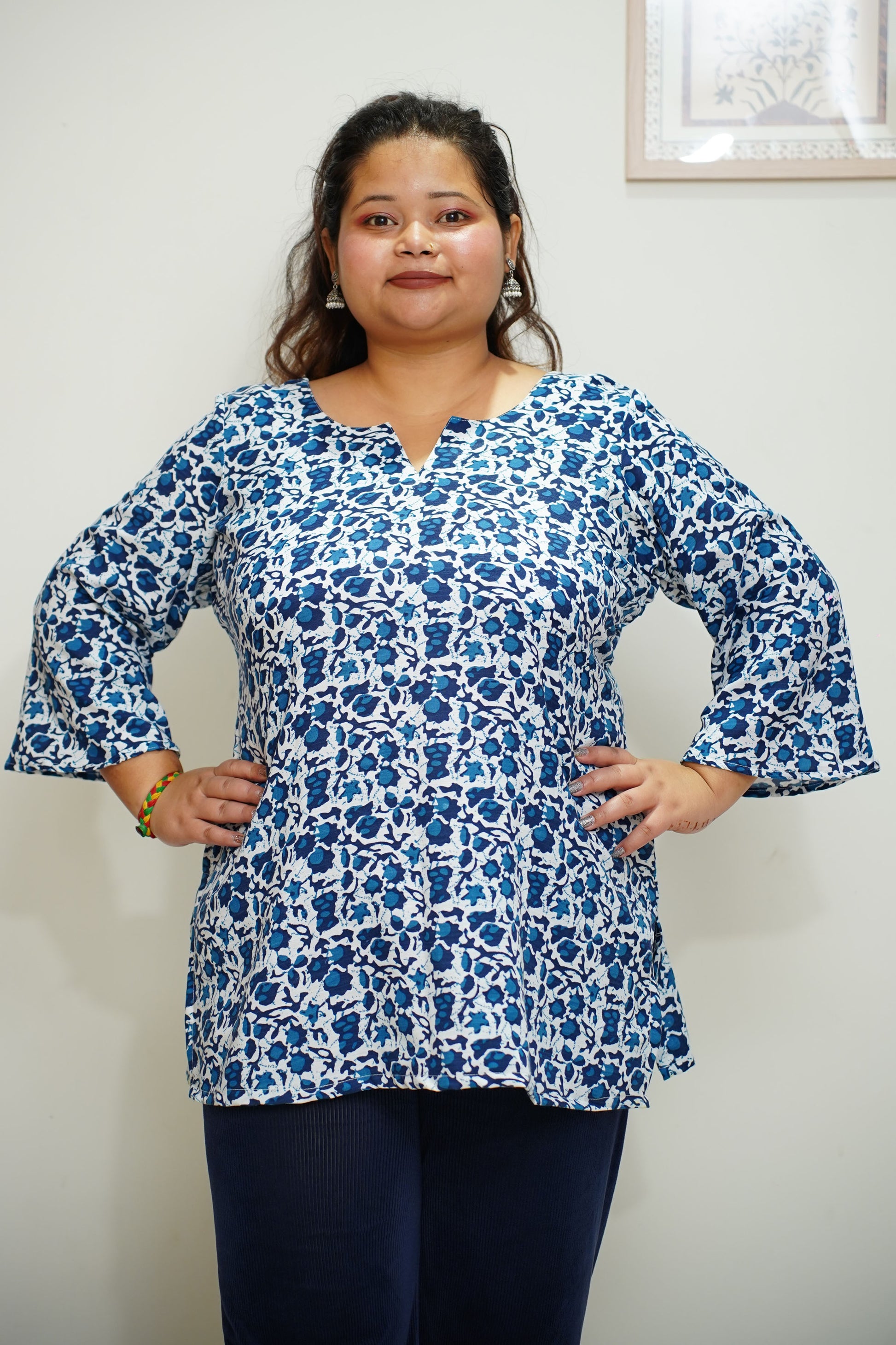 Women Plus Size Navy Floral Everyday Rayon Kurta