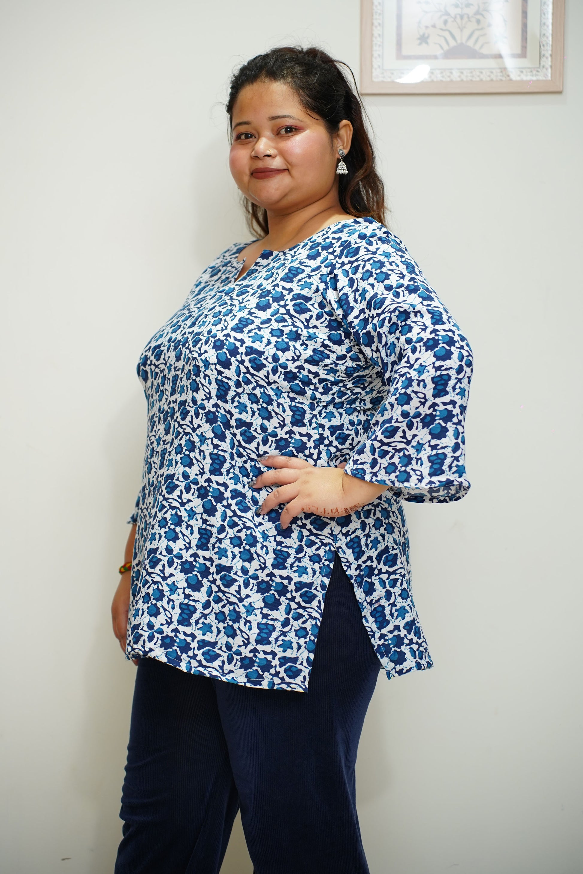 Women Plus Size Navy Floral Everyday Rayon Kurta