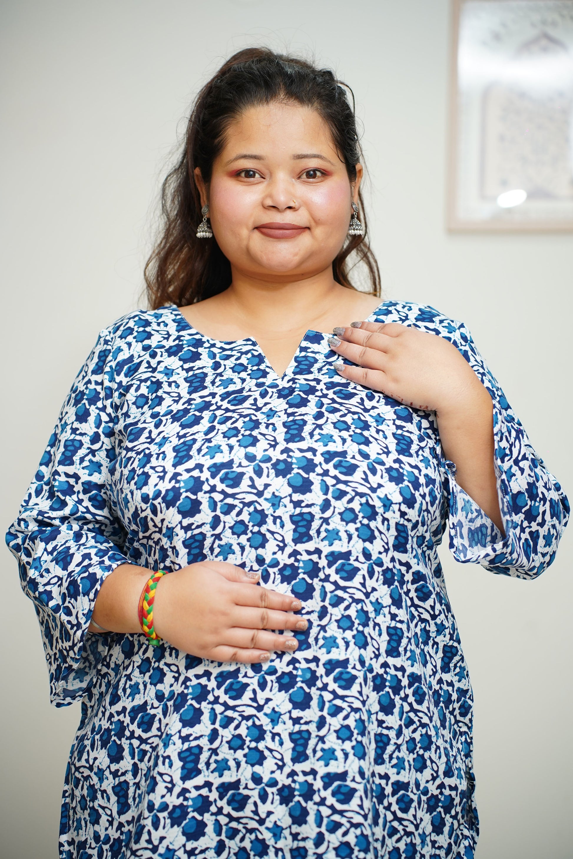 Women Plus Size Navy Floral Everyday Rayon Kurta