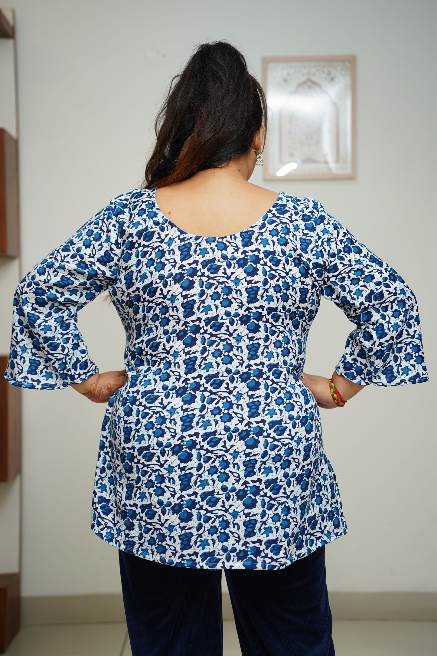 Women Plus Size Navy Floral Everyday Rayon Kurta