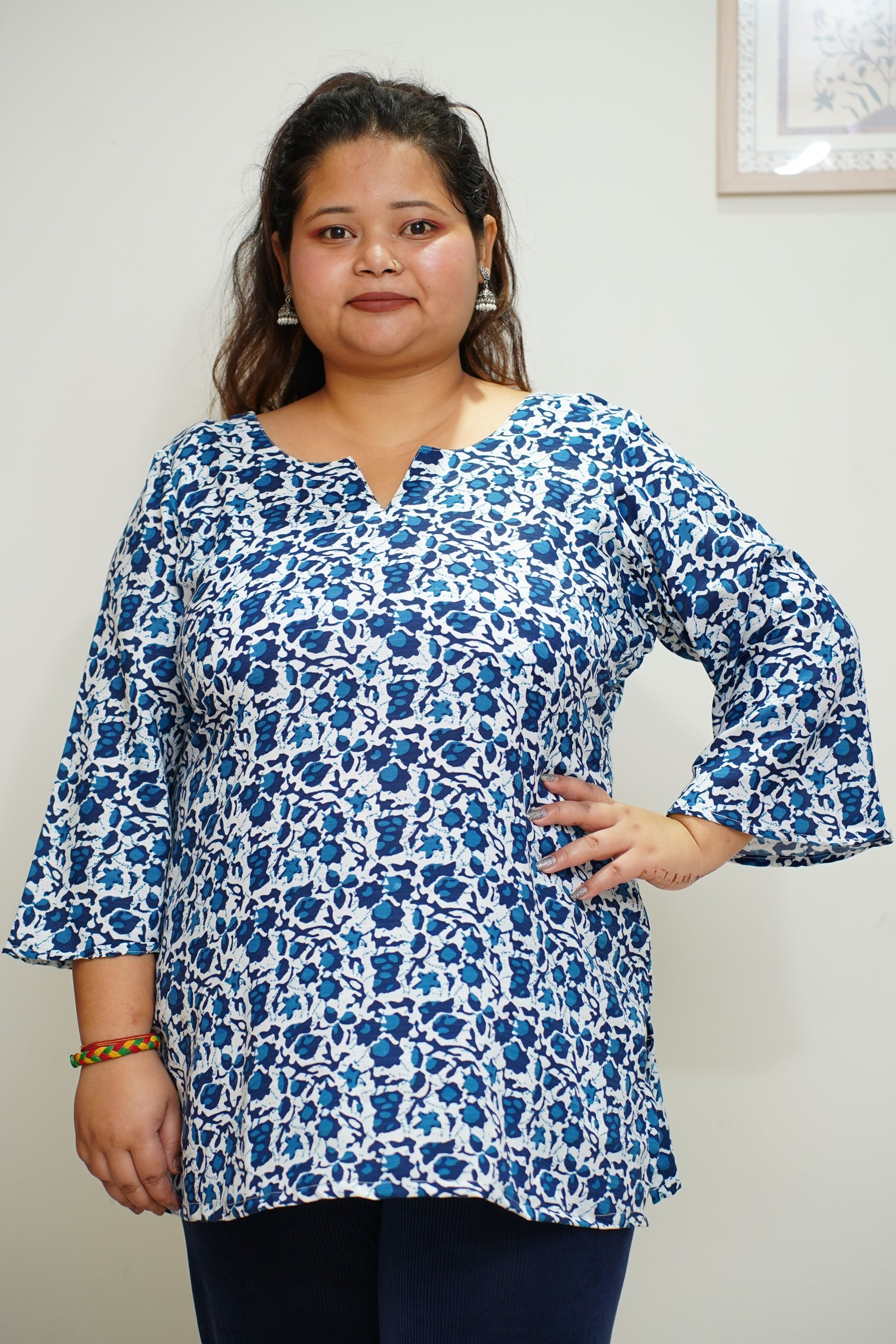 Women Plus Size Navy Floral Everyday Rayon Kurta