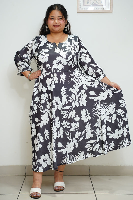 Women Plus Size Navy Floral Flared Calf Dress With Pockets