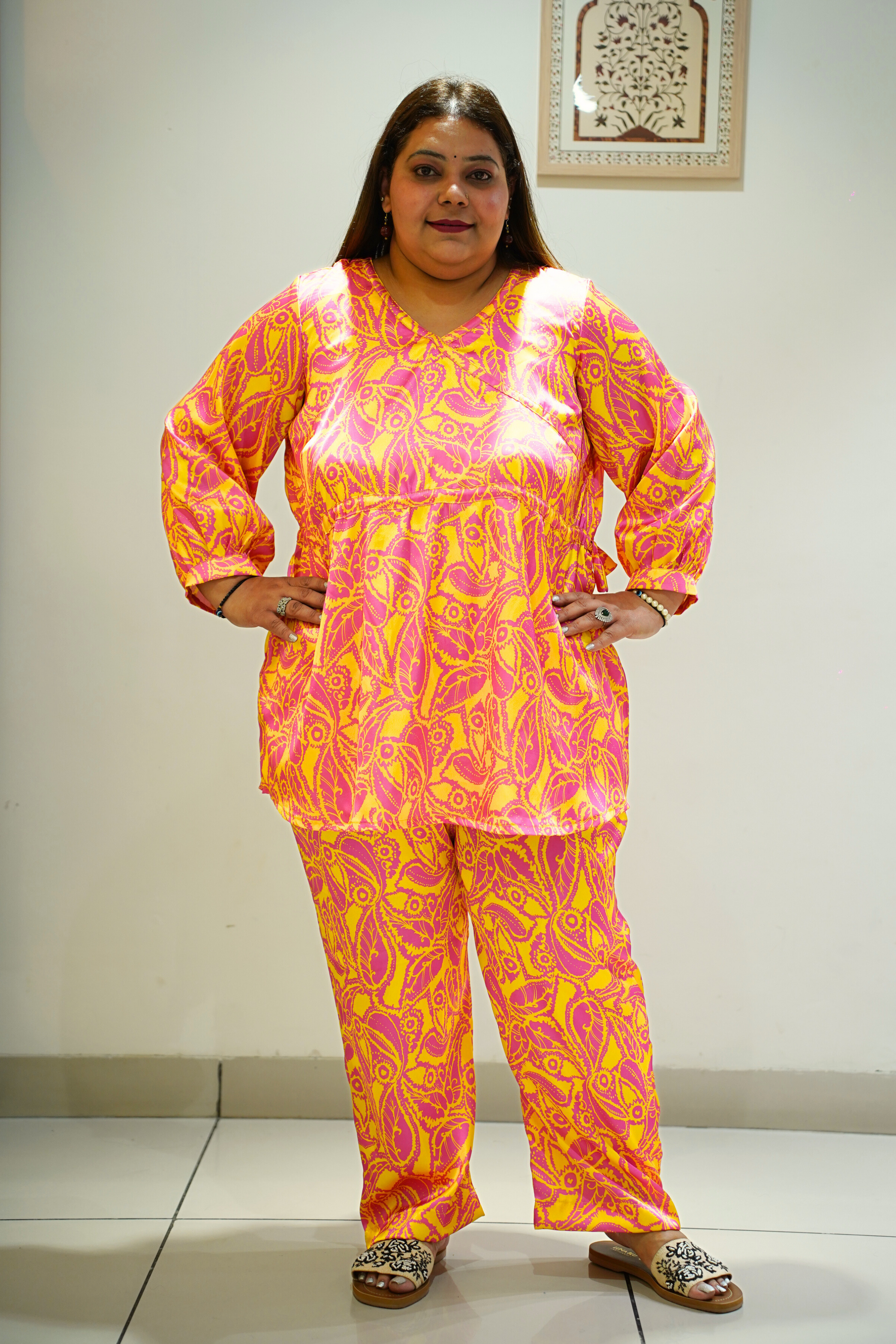 Women Plus Size Neon Yellow Printed Co-ord Set with Pockets