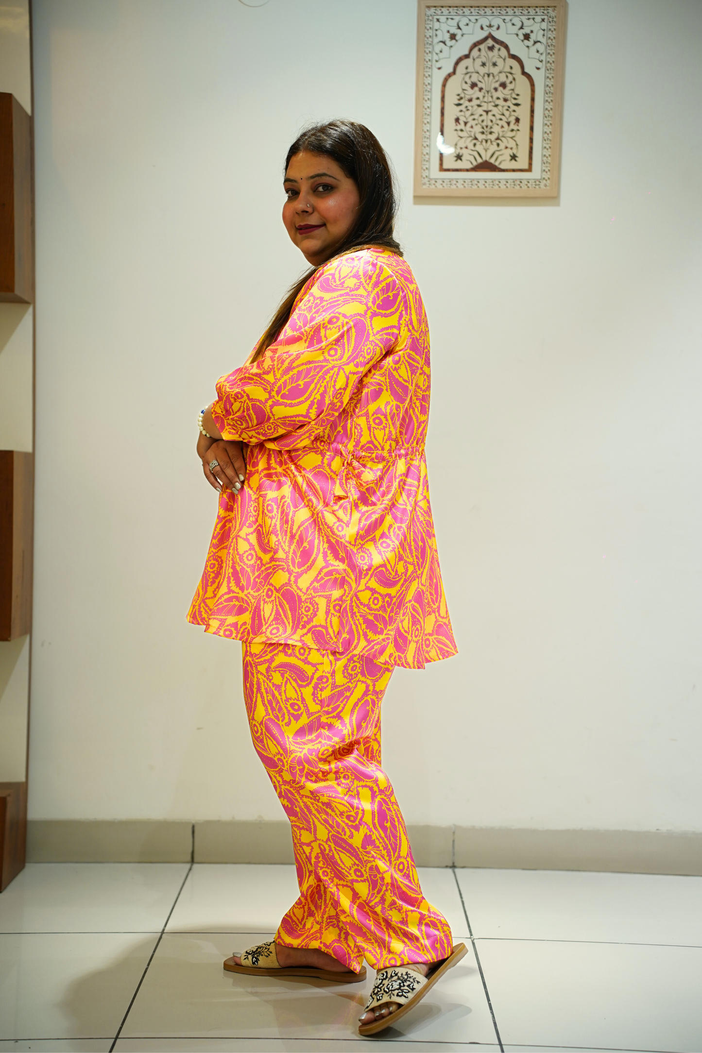 Women Plus Size Neon Yellow Printed Co-ord Set with Pockets