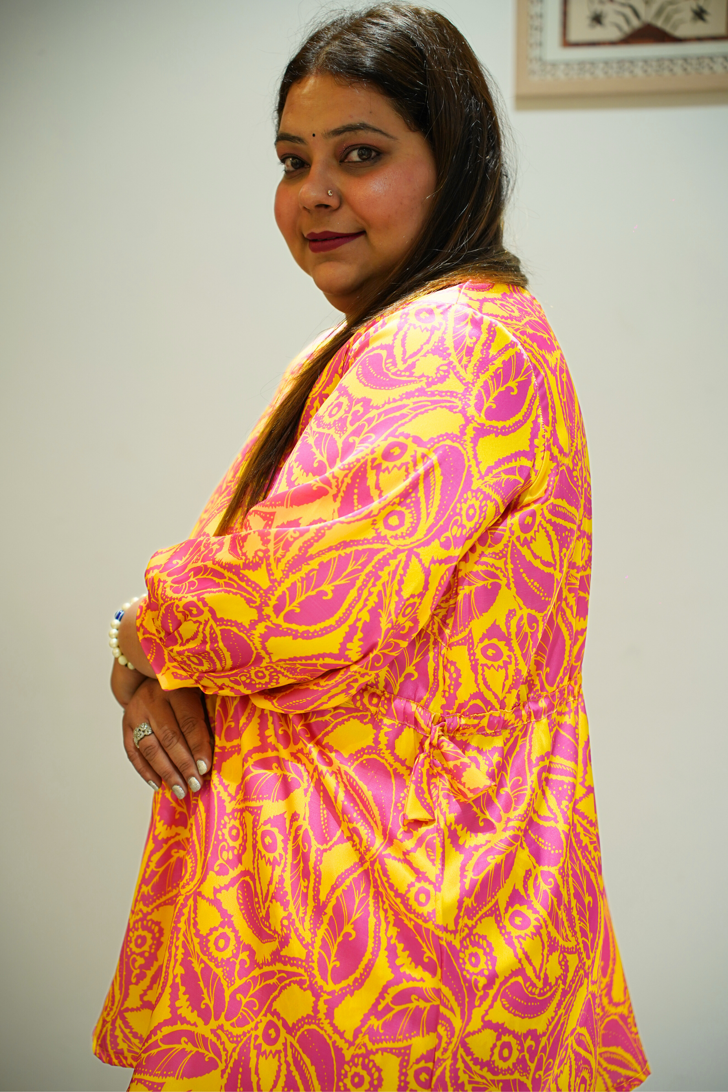 Women Plus Size Neon Yellow Printed Co-ord Set with Pockets