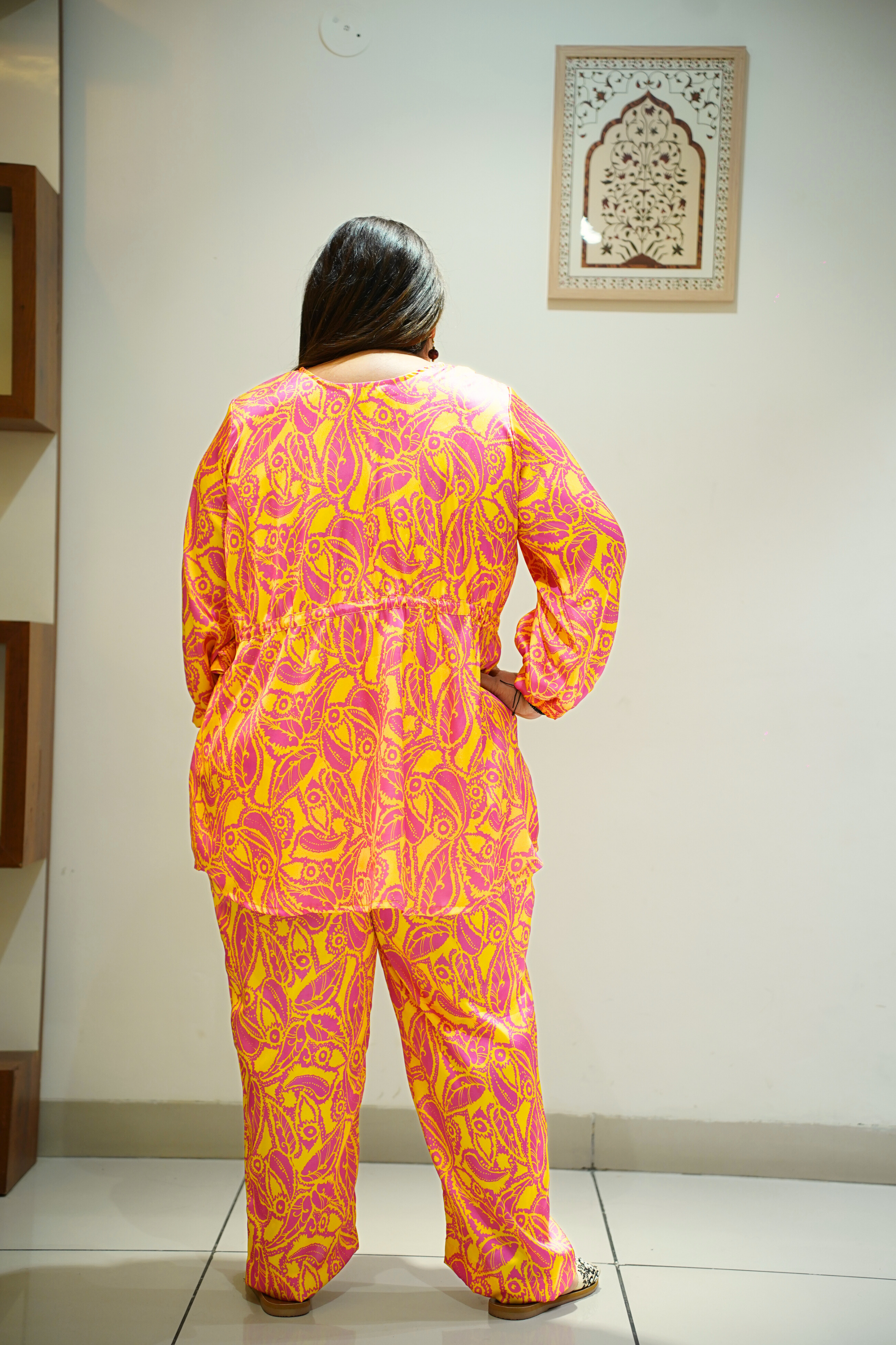 Women Plus Size Neon Yellow Printed Co-ord Set with Pockets