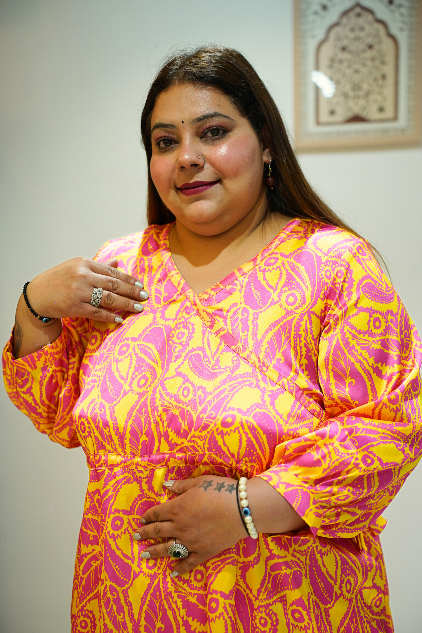 Women Plus Size Neon Yellow Printed Co-ord Set with Pockets