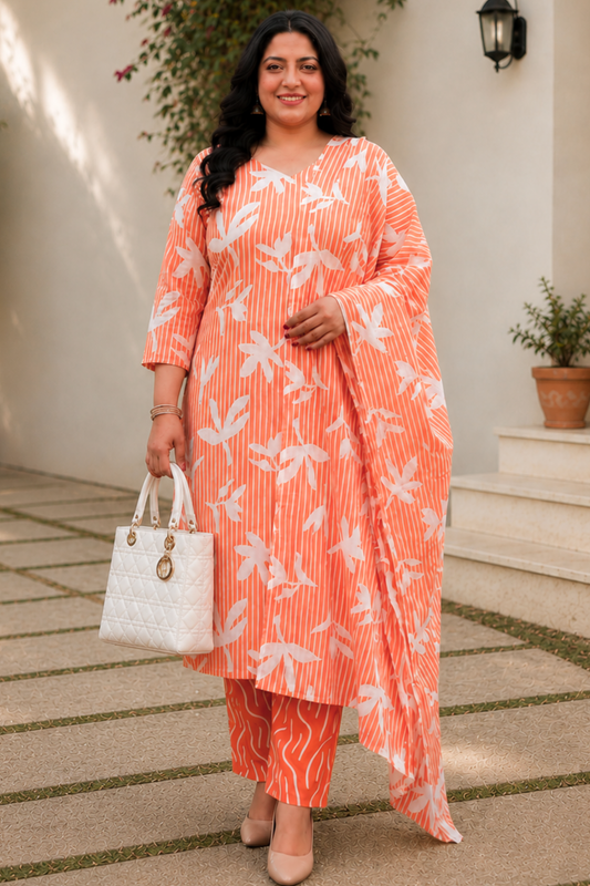 Orange Floral Cotton Suit Set