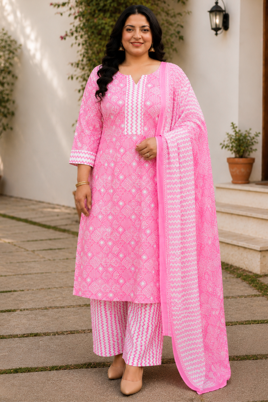 Pink Bandhani Cotton Suit Set