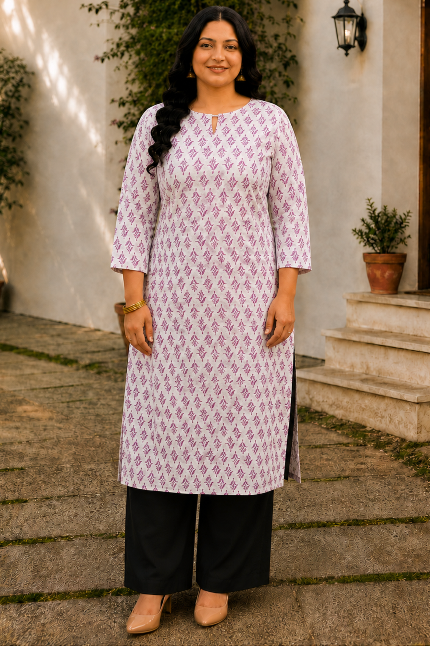 Pink Cotton Floral Print Kurta