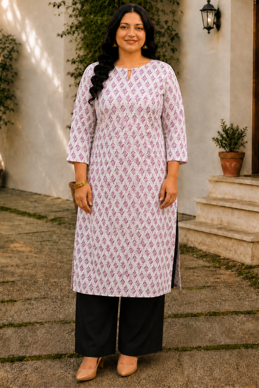 Pink Cotton Floral Print Kurta