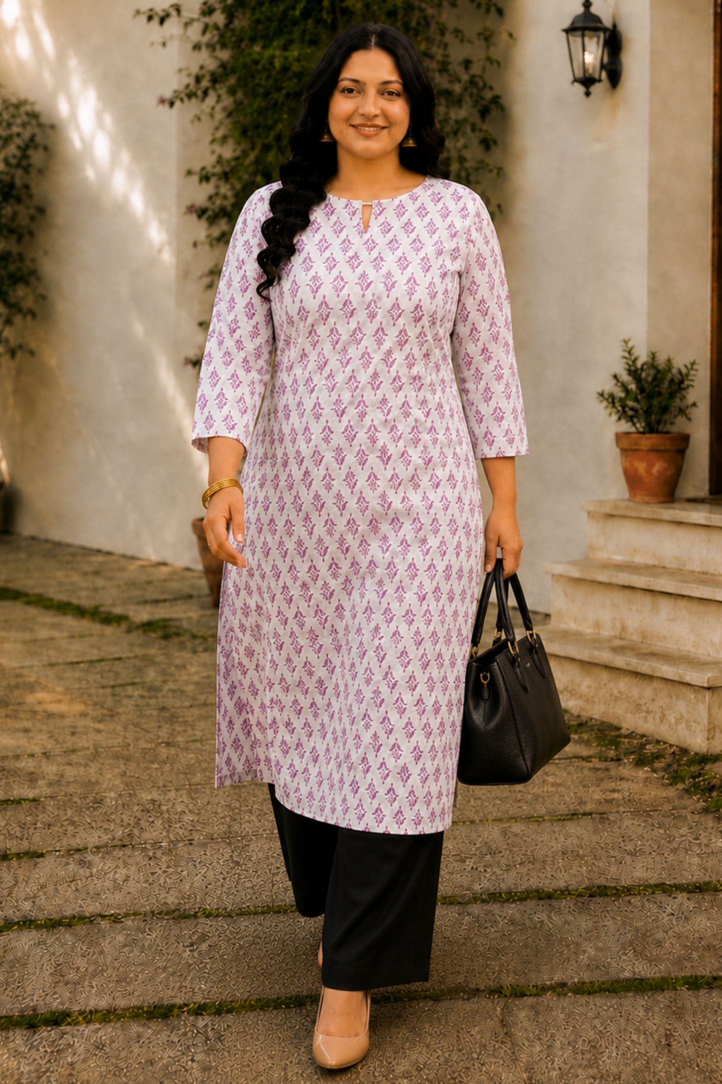 Pink Cotton Floral Print Kurta