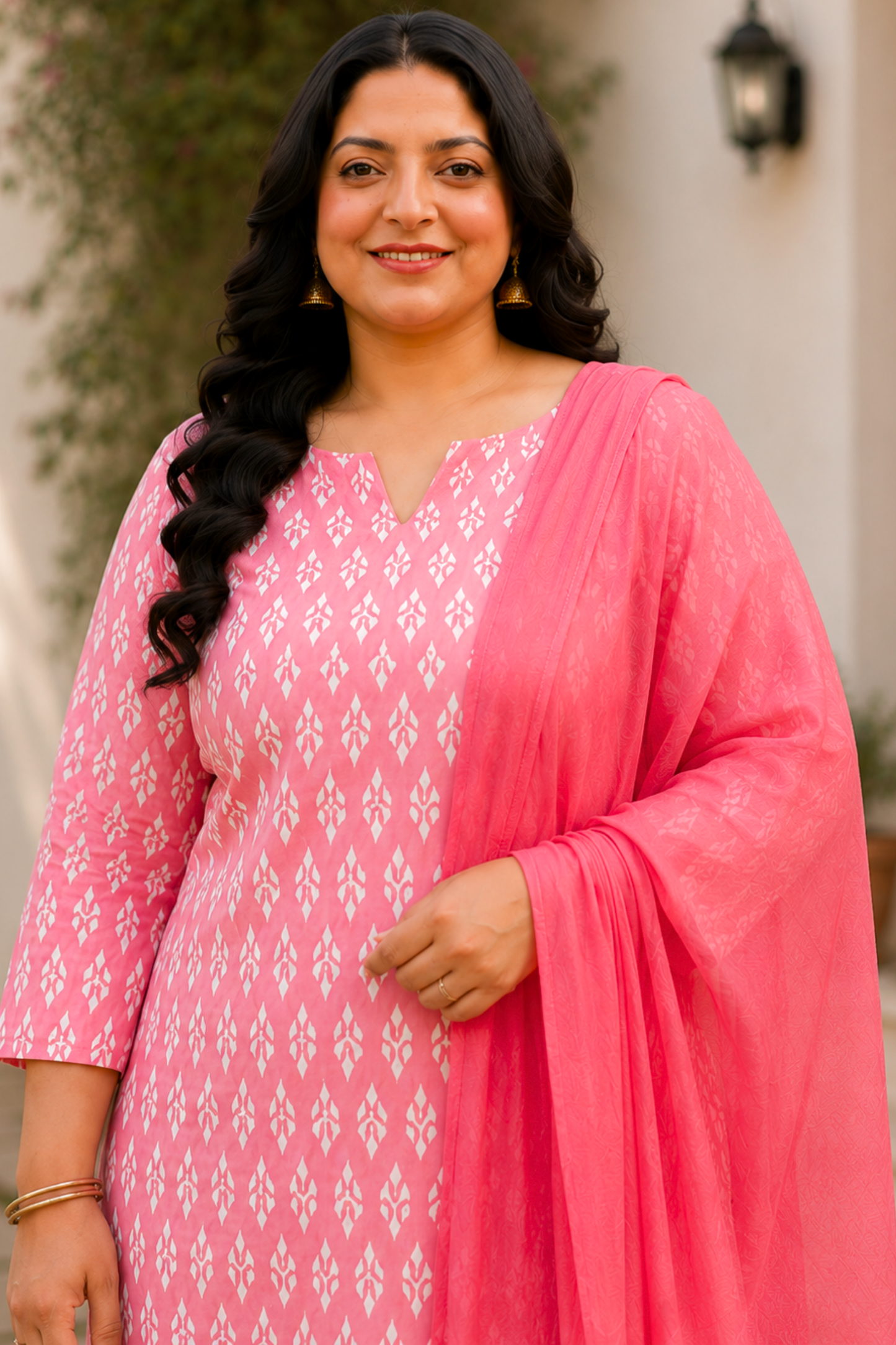 Pink Cotton Printed Straight Cut Suit Set