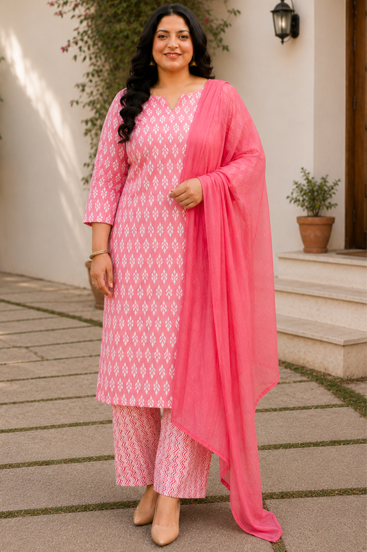 Pink Cotton Printed Straight Cut Suit Set