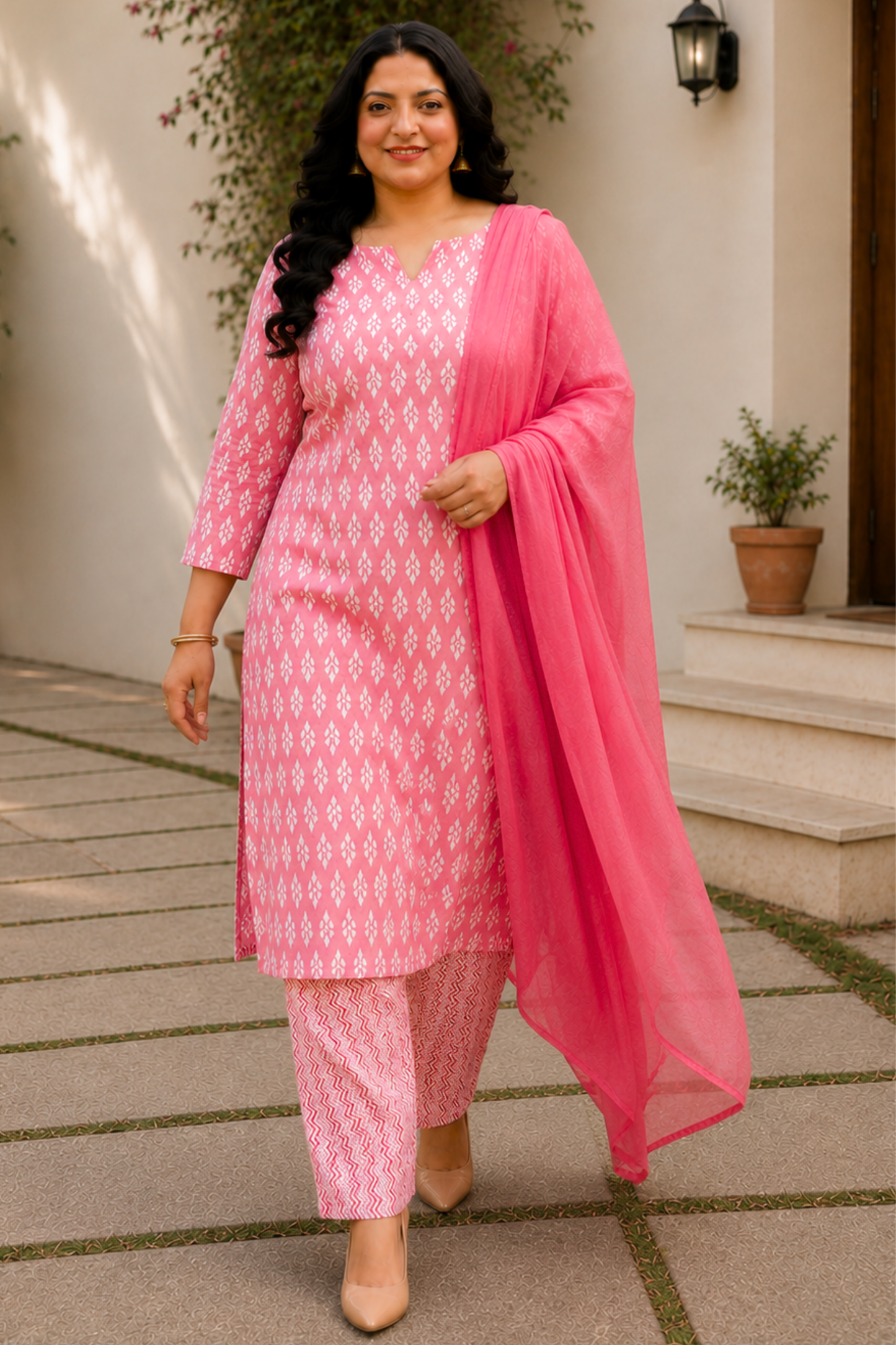 Pink Cotton Printed Straight Cut Suit Set