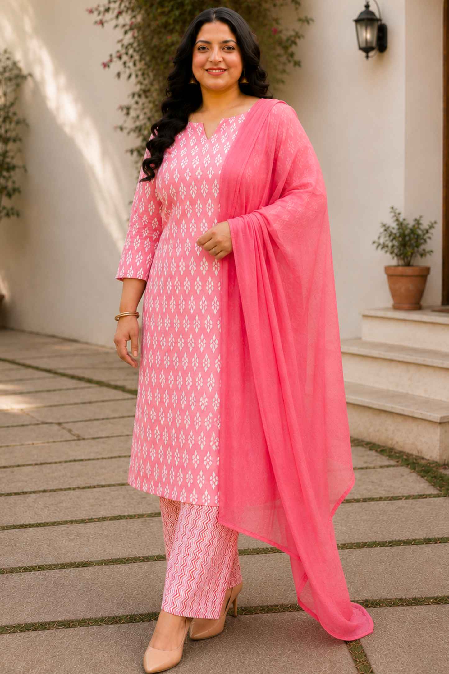 Pink Cotton Printed Straight Cut Suit Set
