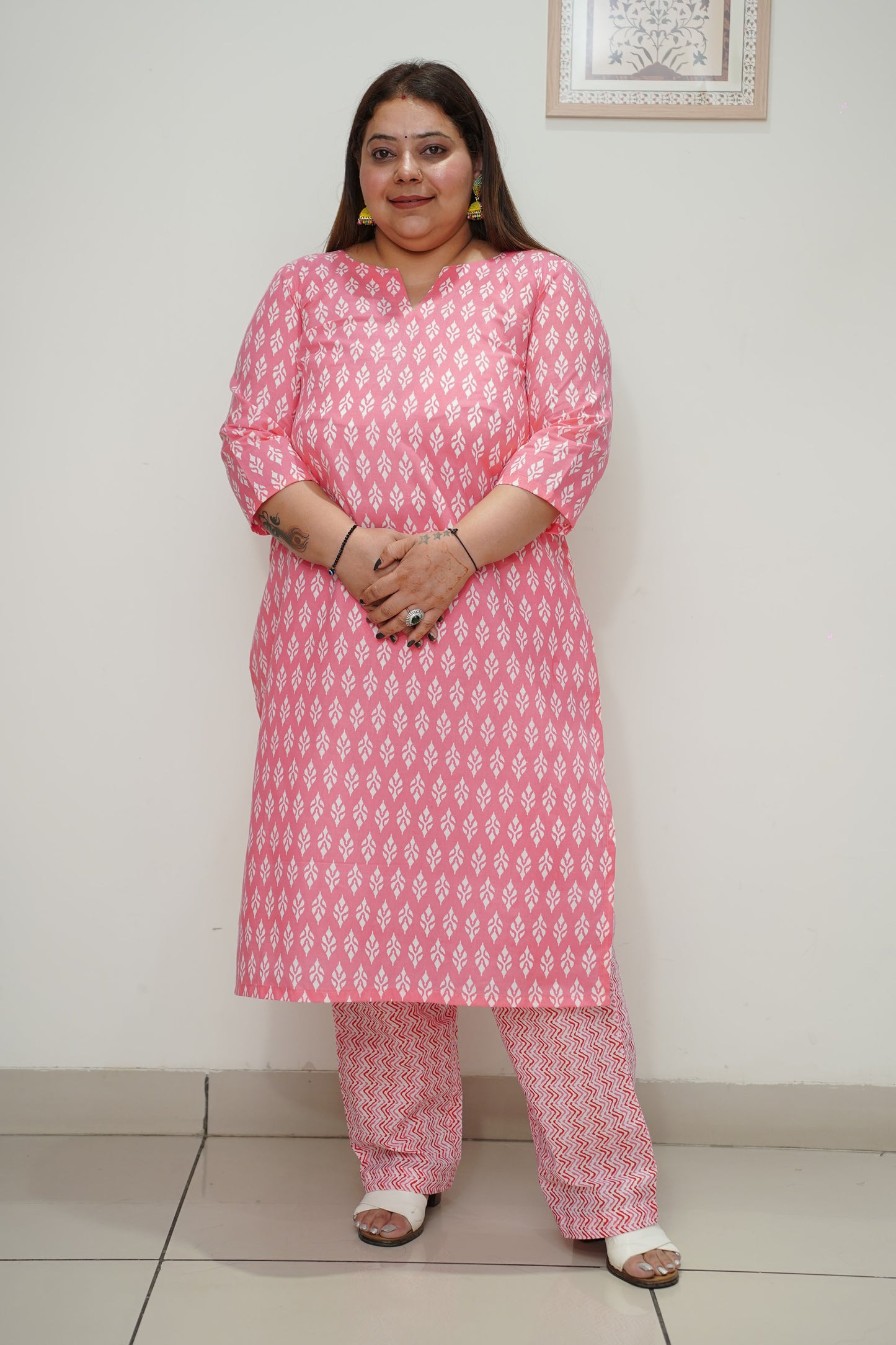 Women Plus Size Pink Cotton Printed Straight Cut Suit Set