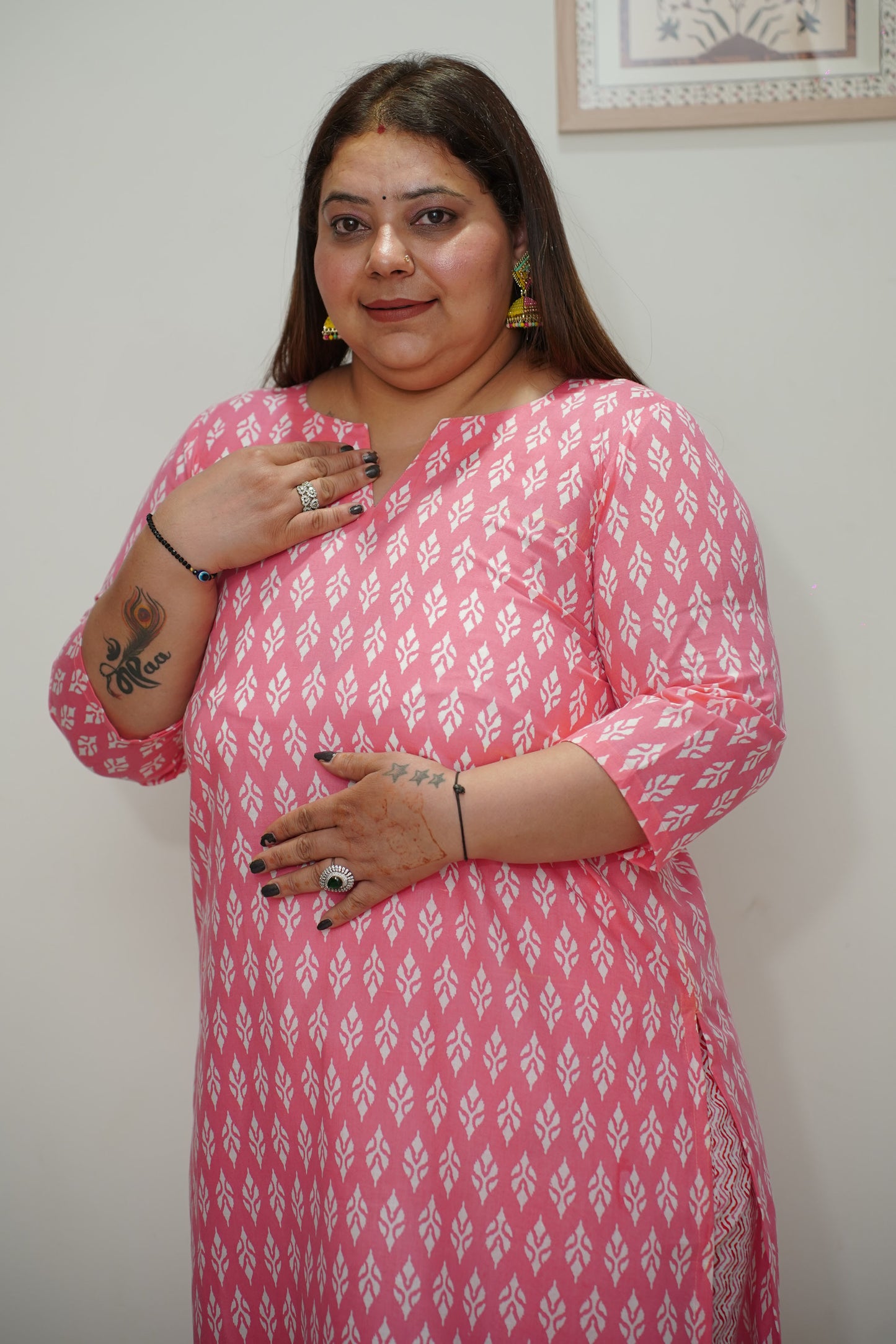Women Plus Size Pink Cotton Printed Straight Cut Suit Set