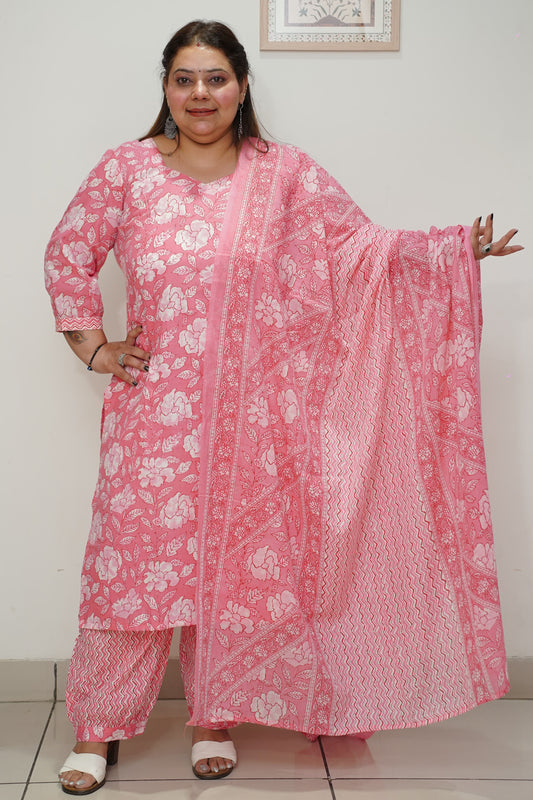 Women Plus Size Pink Floral Cotton Afghani Salwar Suit