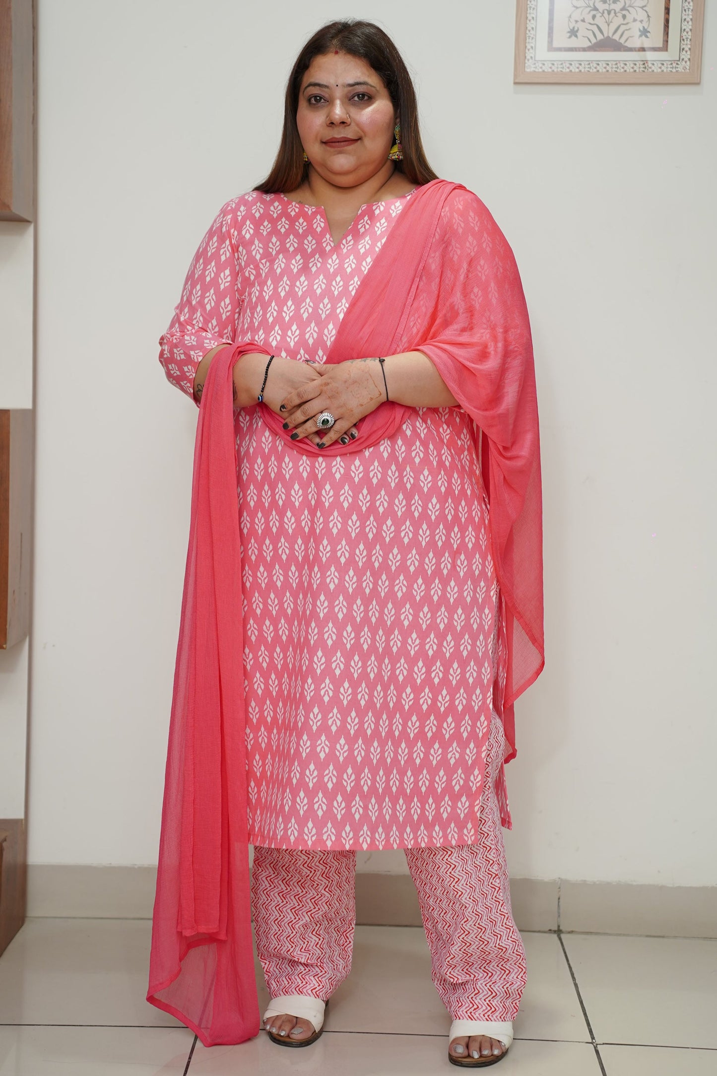 Women Plus Size Pink Cotton Printed Straight Cut Suit Set