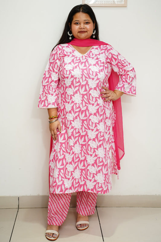 Women Plus Size Pink Floral Cotton Straight Cut Suit Set
