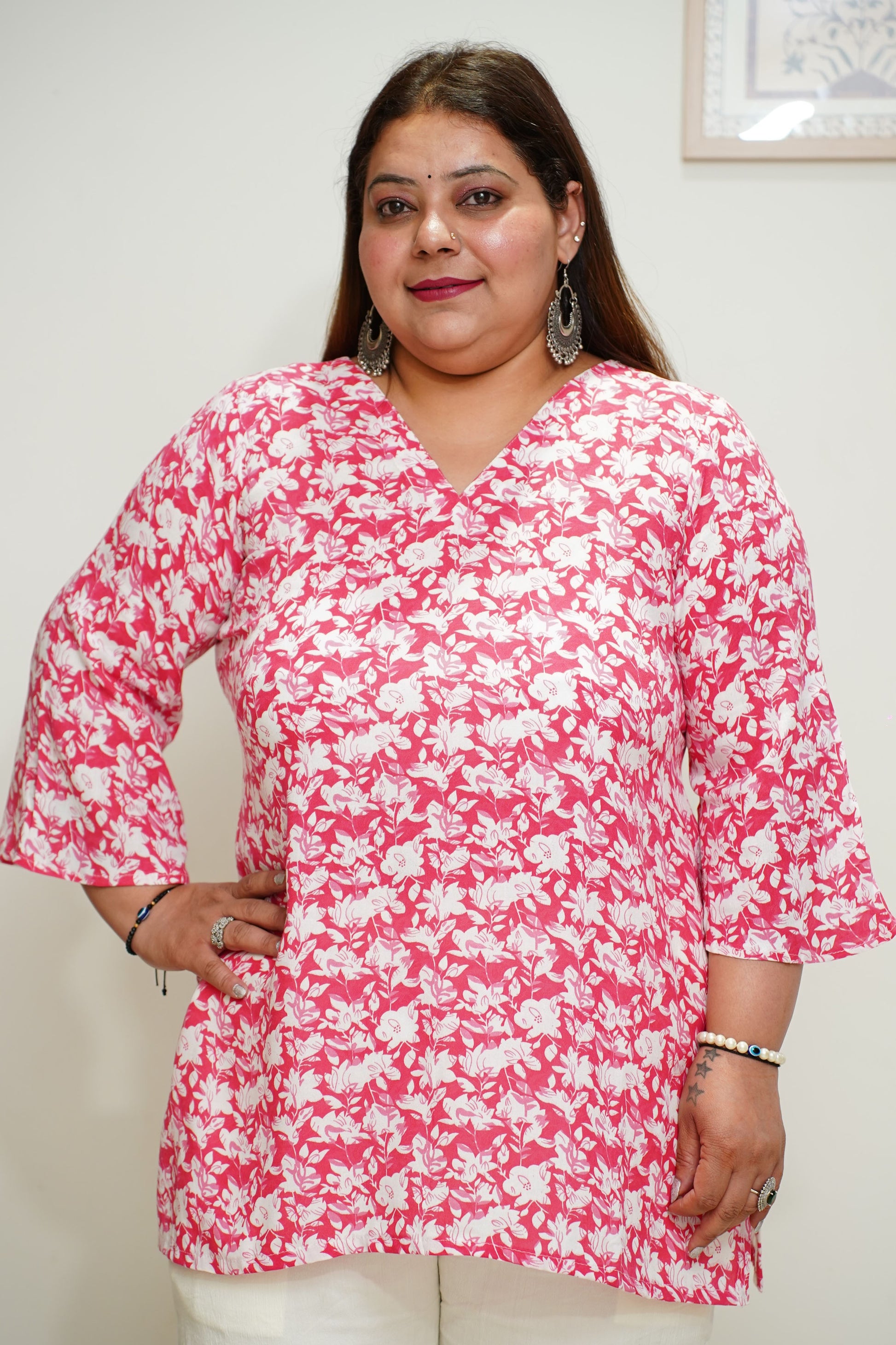 Women Plus Size Pink Floral Everyday Rayon Kurta